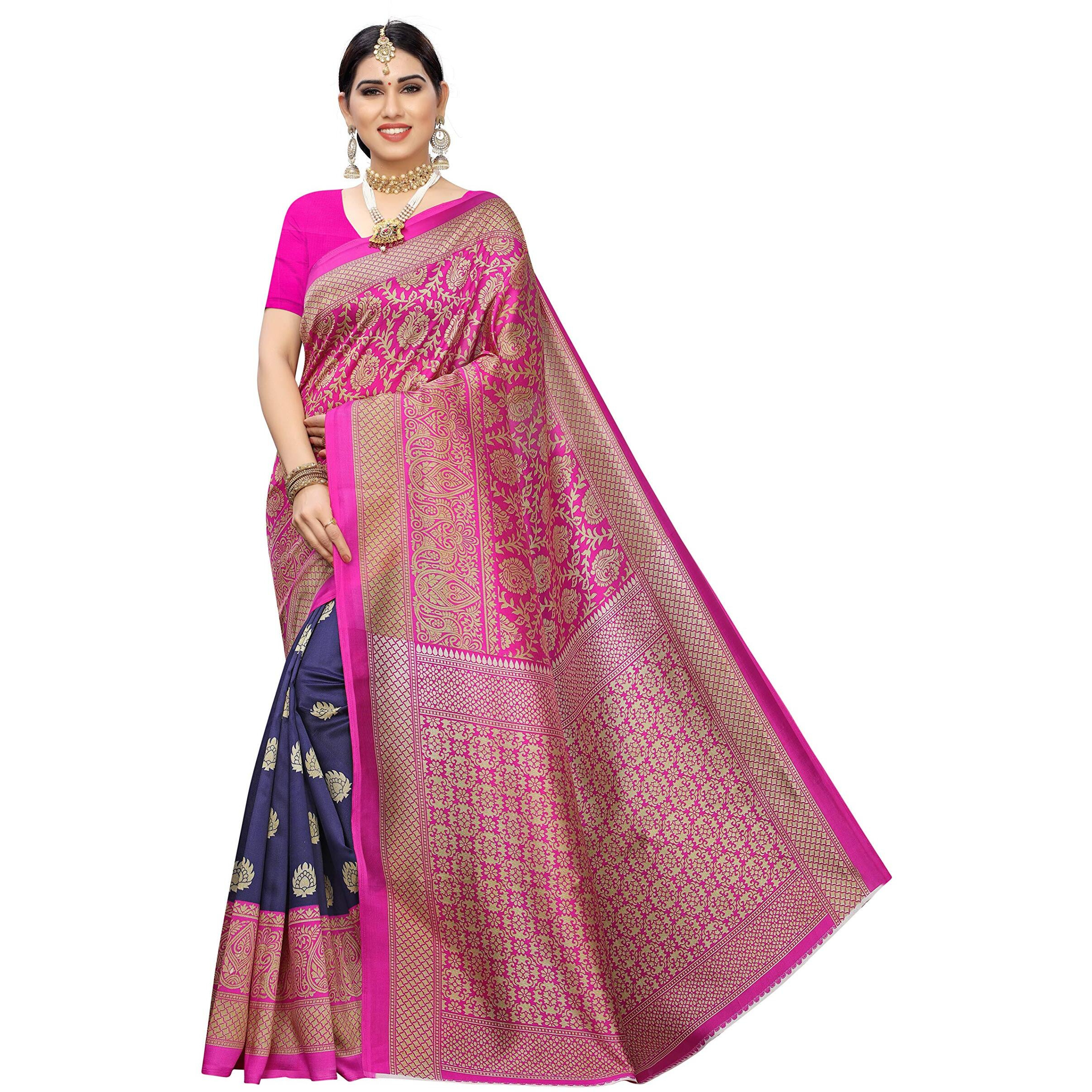 Yashika Women's Art Silk Saree (Sdpl-Metro_Navy_Free Size_Navy Pink)