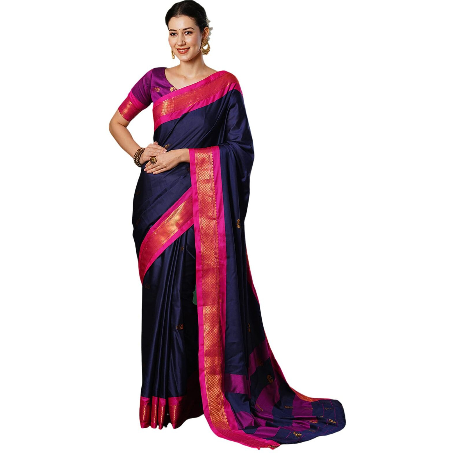 SWARON Women's Banarasi Jacquard Kanjivaram Silk Saree with Unstitched Blouse Piece (3743S103NW_Navy Blue & Rani Pink)