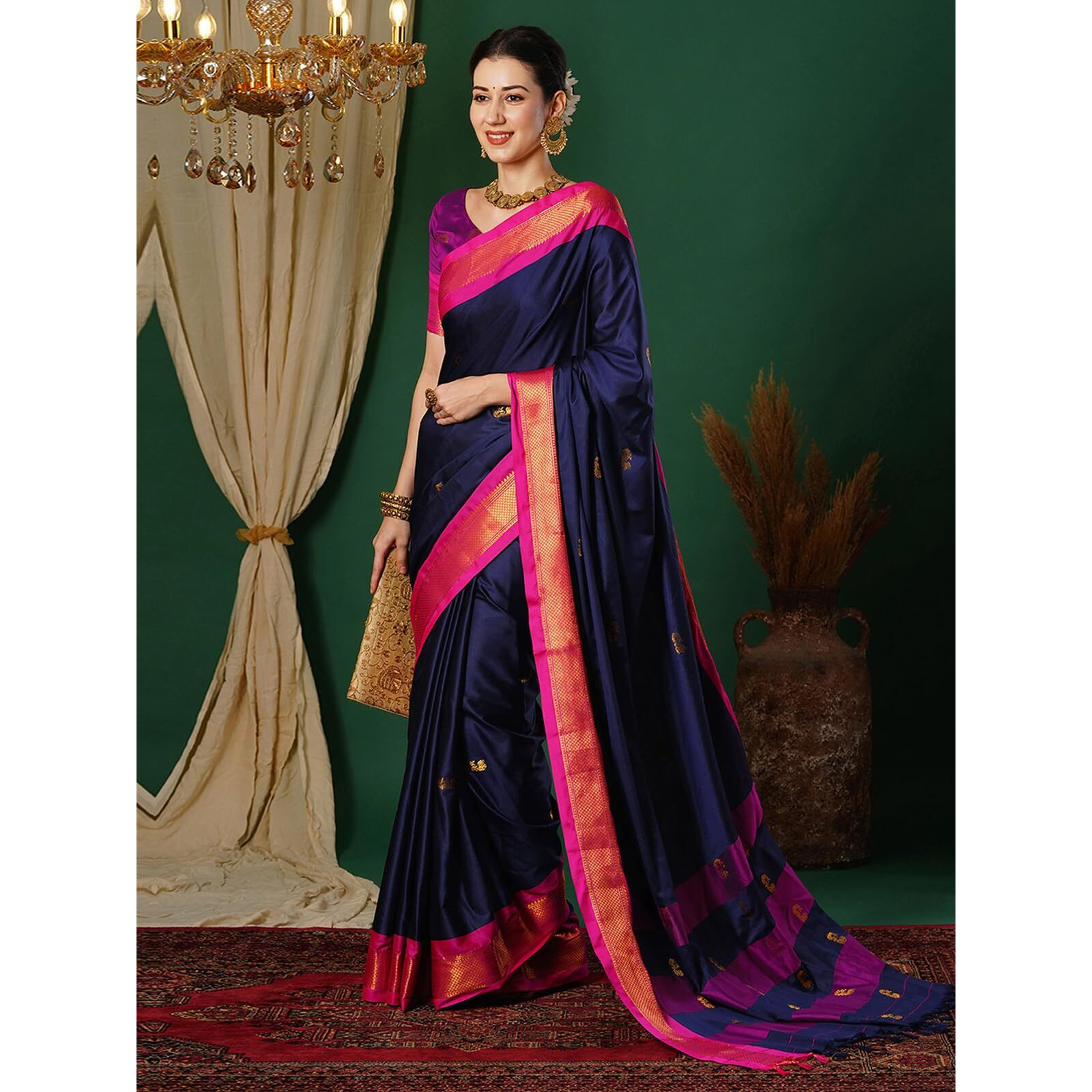 SWARON Women's Banarasi Jacquard Kanjivaram Silk Saree with Unstitched Blouse Piece (3743S103NW_Navy Blue & Rani Pink)