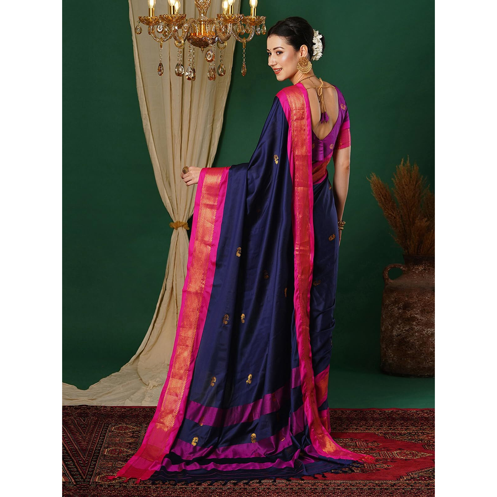 SWARON Women's Banarasi Jacquard Kanjivaram Silk Saree with Unstitched Blouse Piece (3743S103NW_Navy Blue & Rani Pink)