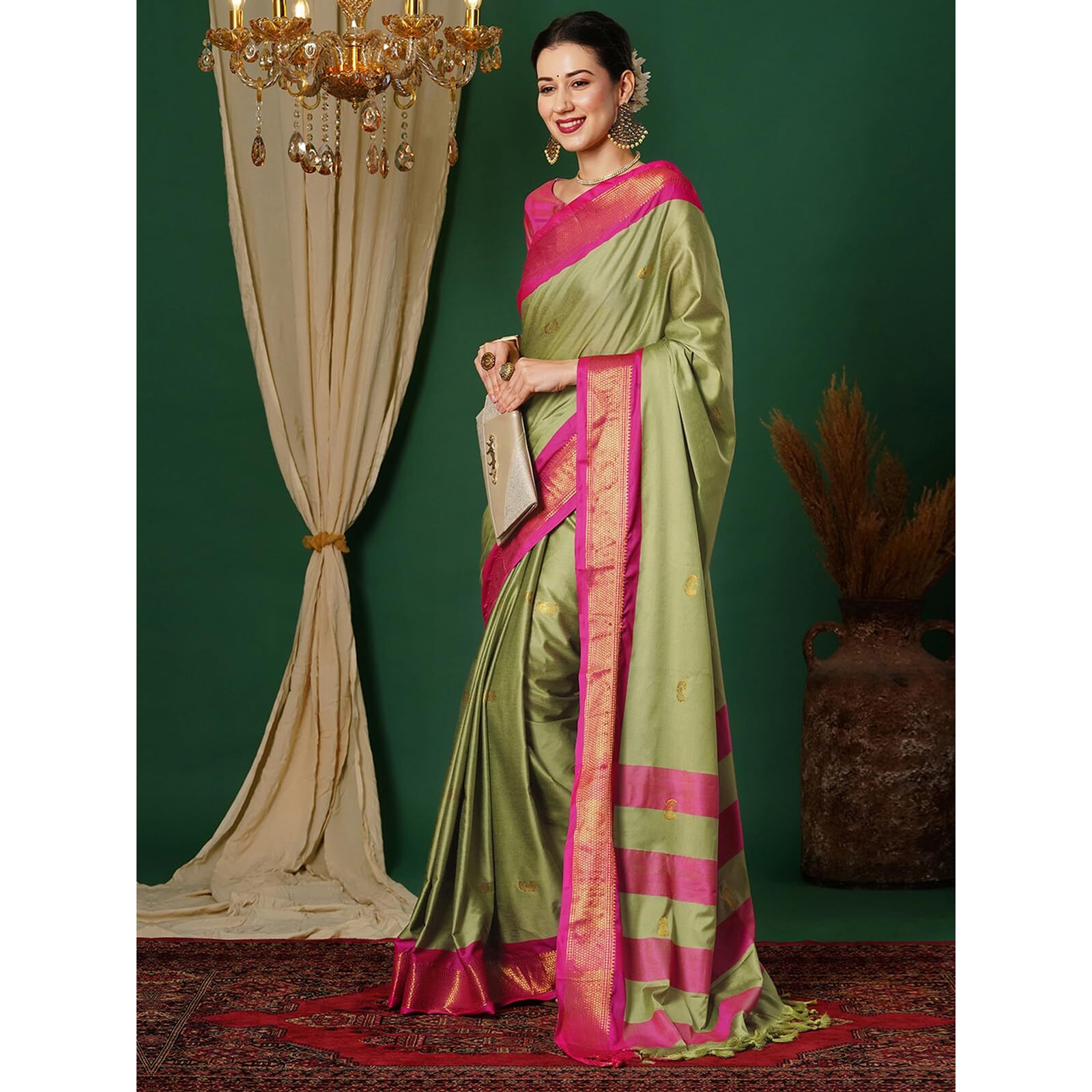 SWARON Women's Banarasi Jacquard Kanjivaram Silk Saree with Unstitched Blouse Piece (3743S108NW_Pista Green & Rani Pink)