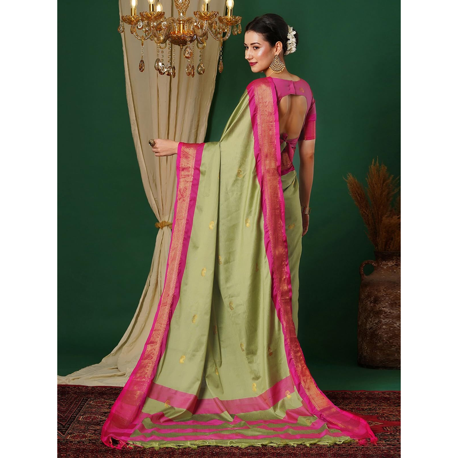 SWARON Women's Banarasi Jacquard Kanjivaram Silk Saree with Unstitched Blouse Piece (3743S108NW_Pista Green & Rani Pink)