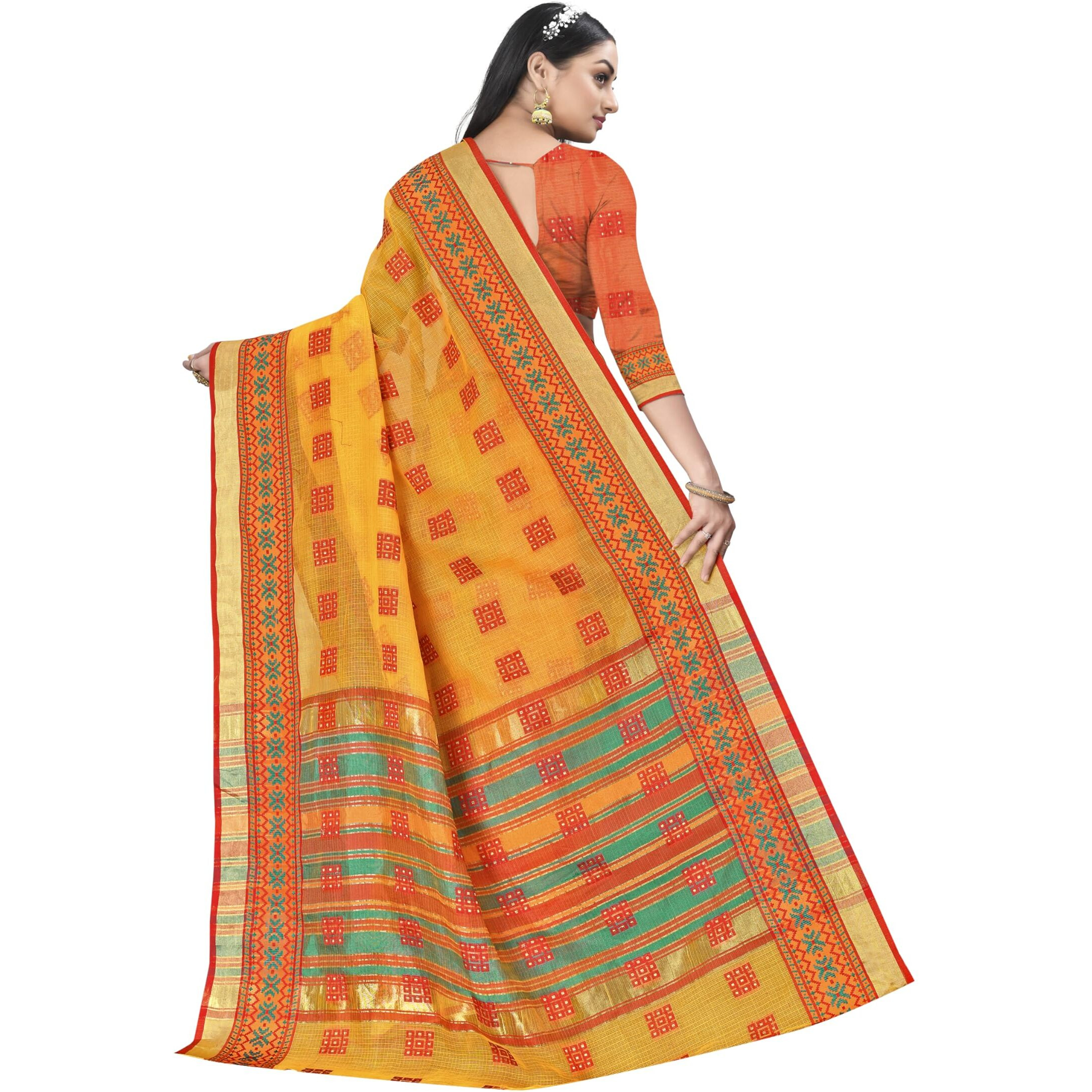 StyleScope Women's Kota Doria Cotton Block Zari Weaving Temple Bordered Saree With Cotton Blend Unstitched Blouse Piece.(Yellow,Orange)