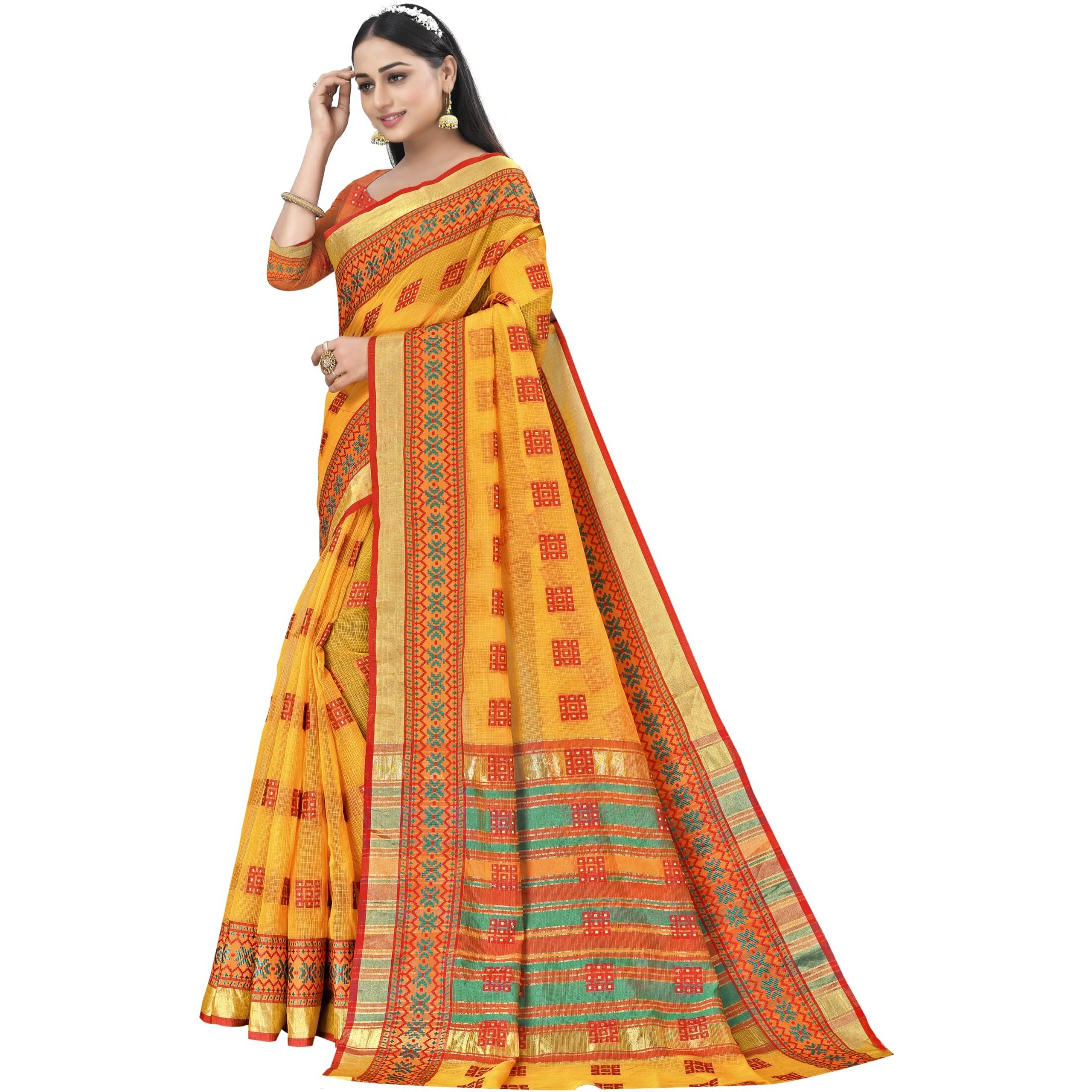 StyleScope Women's Kota Doria Cotton Block Zari Weaving Temple Bordered Saree With Cotton Blend Unstitched Blouse Piece.(Yellow,Orange)