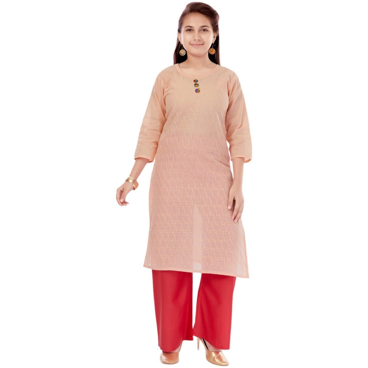 Aarika Girls Peach Colour Cotton Embroidery Kurti (KURTI-K-181-PEACH-34)