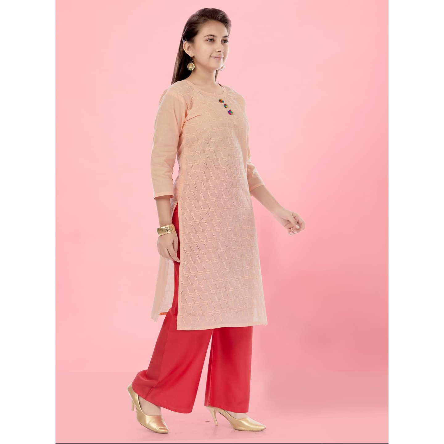 Aarika Girls Peach Colour Cotton Embroidery Kurti (KURTI-K-181-PEACH-34)