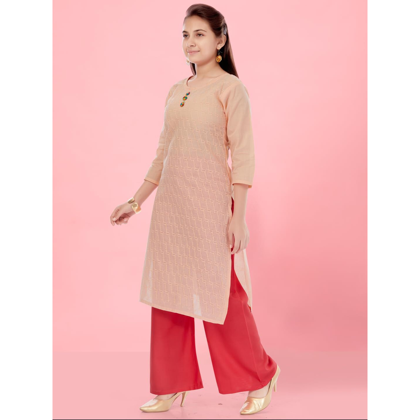 Aarika Girls Peach Colour Cotton Embroidery Kurti (KURTI-K-181-PEACH-34)