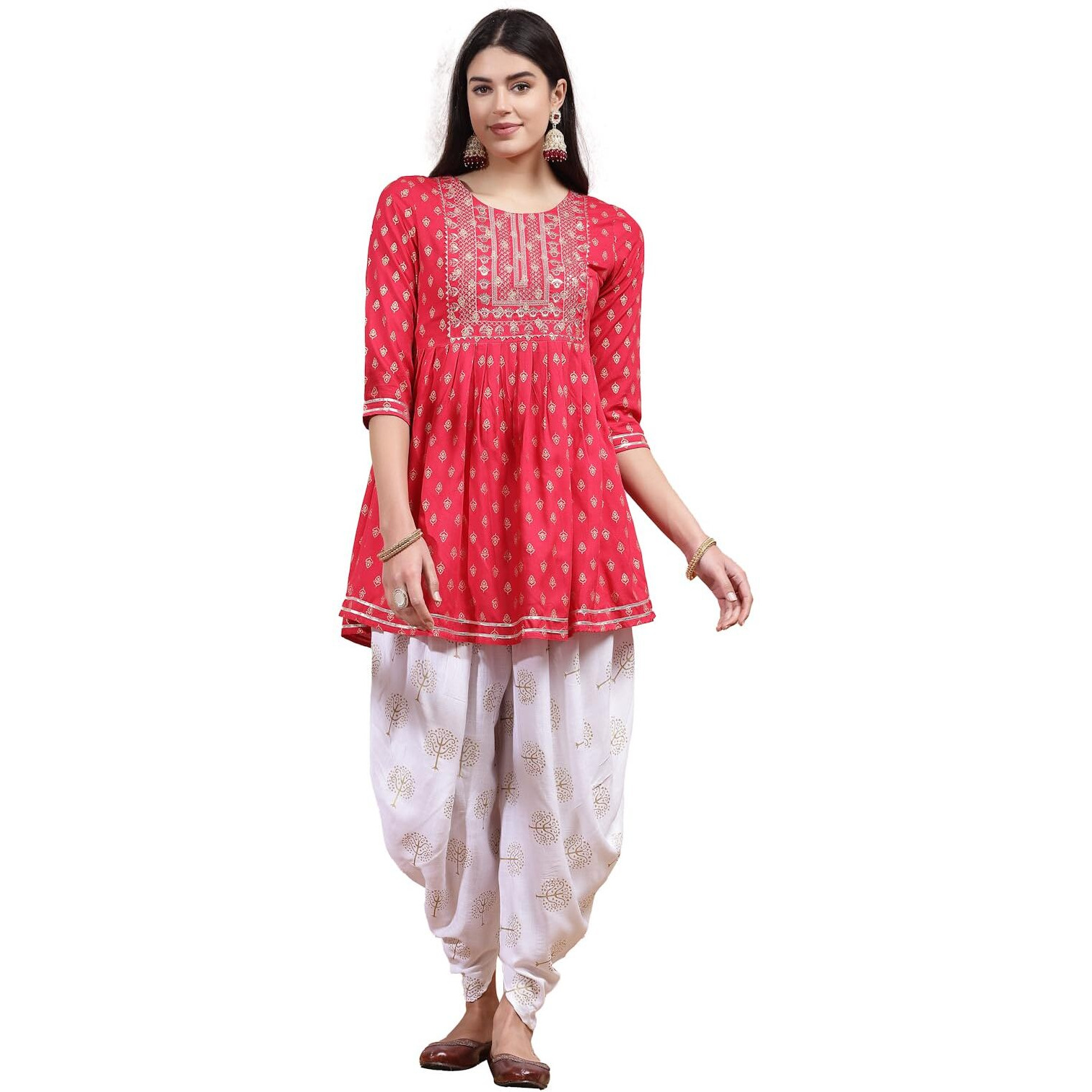 Stylum Women's Printed & Embroidered Rayon Kurti with Dhoti Pant (KDPINKMAHI34_Pink, XS)