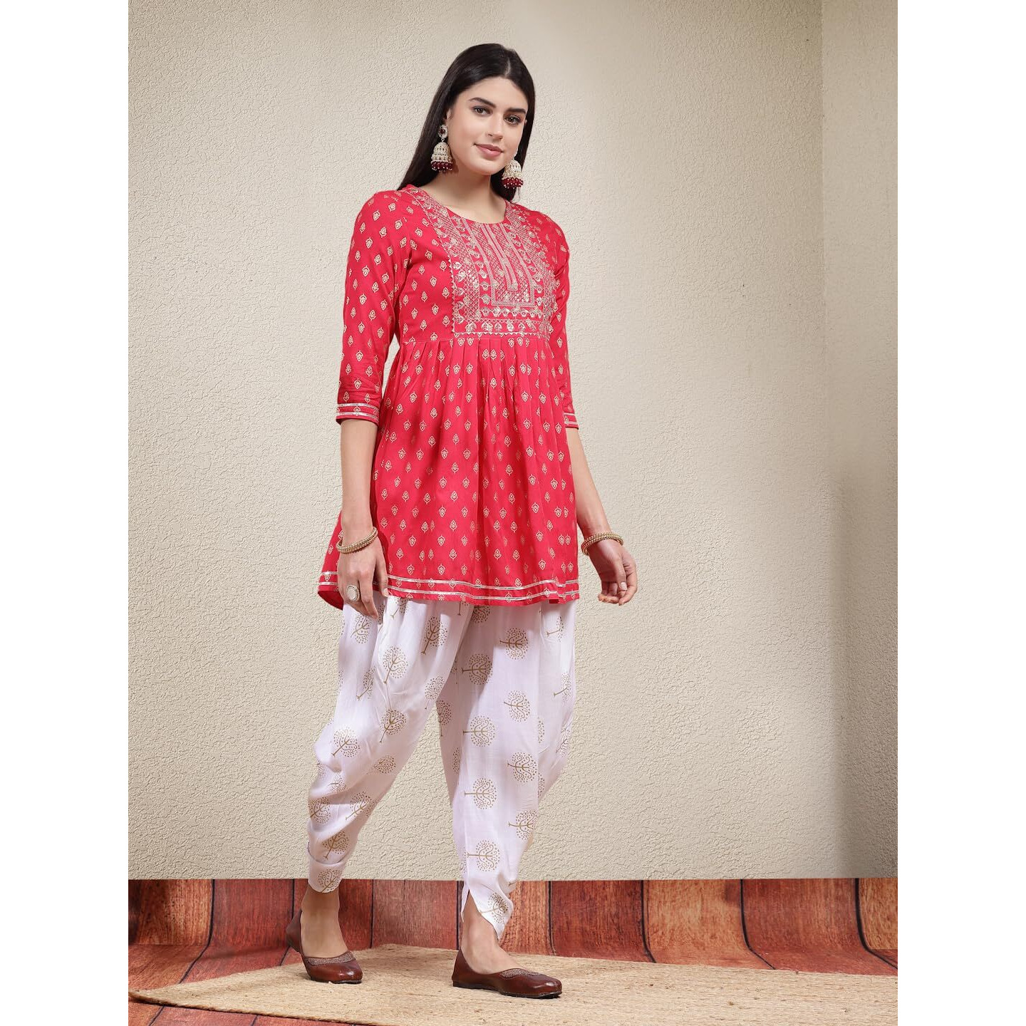 Stylum Women's Printed & Embroidered Rayon Kurti with Dhoti Pant (KDPINKMAHI34_Pink, XS)