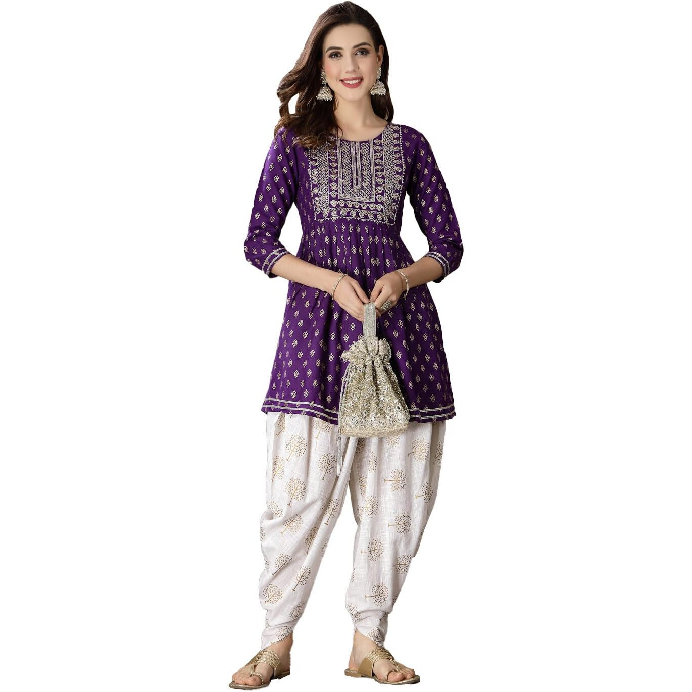 Stylum Women's Printed & Embroidered Rayon Kurti with Dhoti Pant (KDVOILMAHI36_Violet, S)