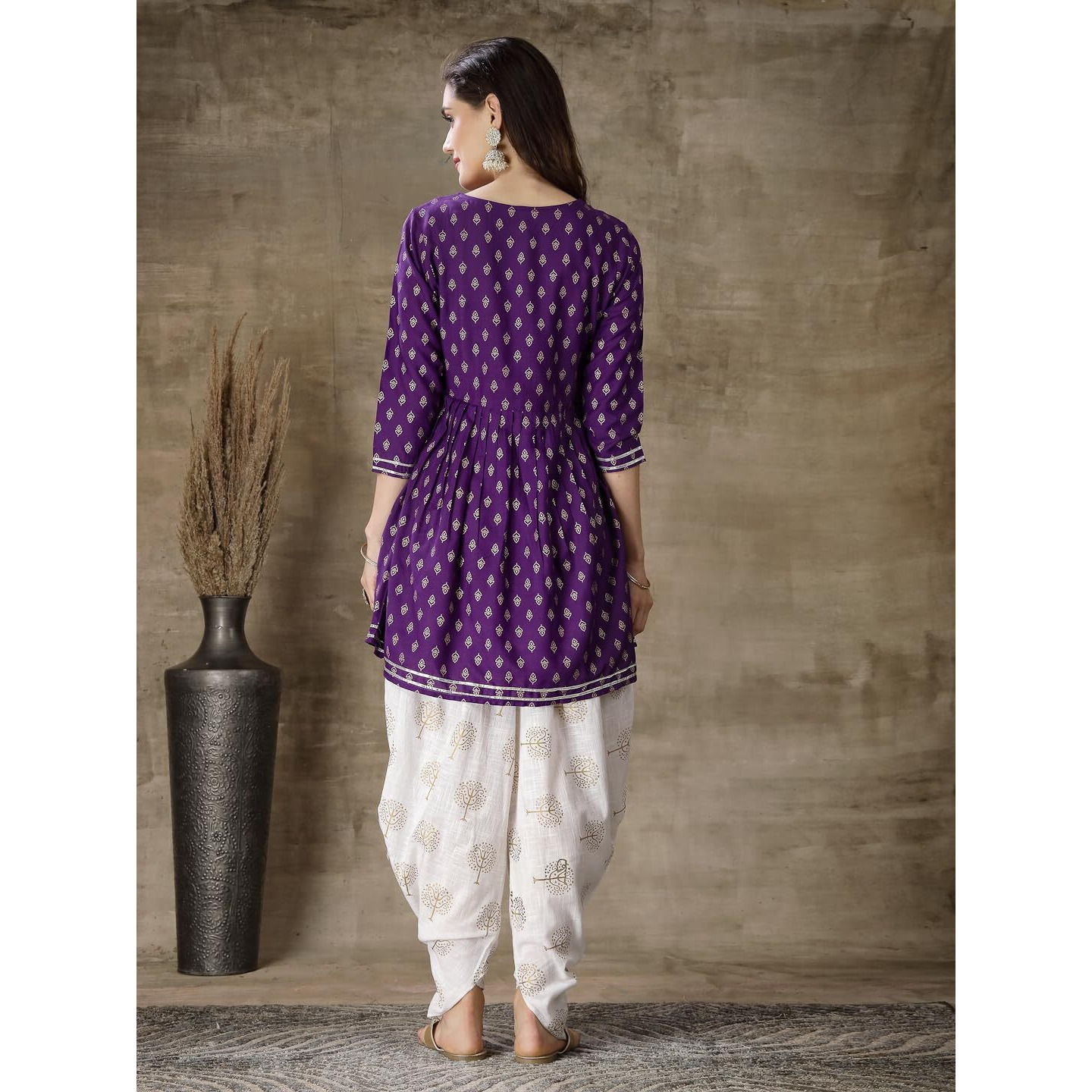 Stylum Women's Printed & Embroidered Rayon Kurti with Dhoti Pant (KDVOILMAHI36_Violet, S)