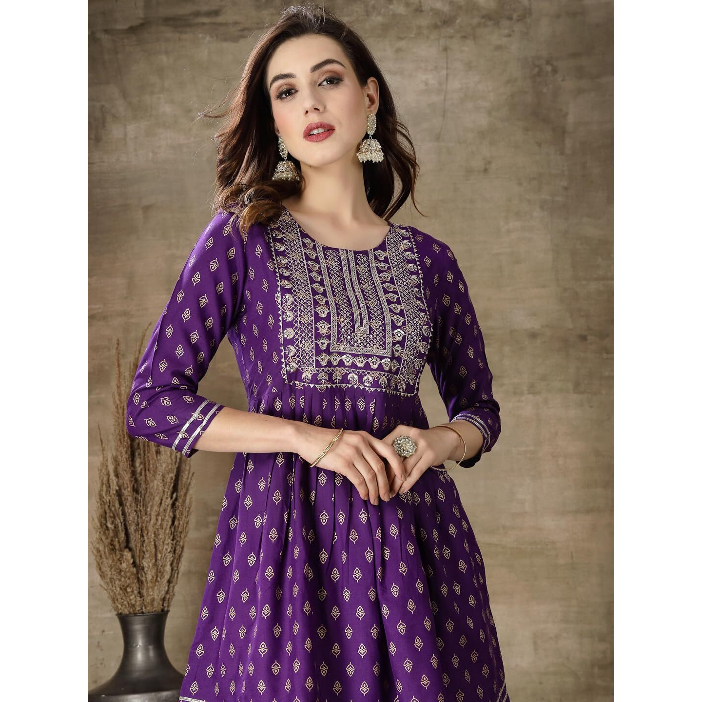 Stylum Women's Printed & Embroidered Rayon Kurti with Dhoti Pant (KDVOILMAHI36_Violet, S)