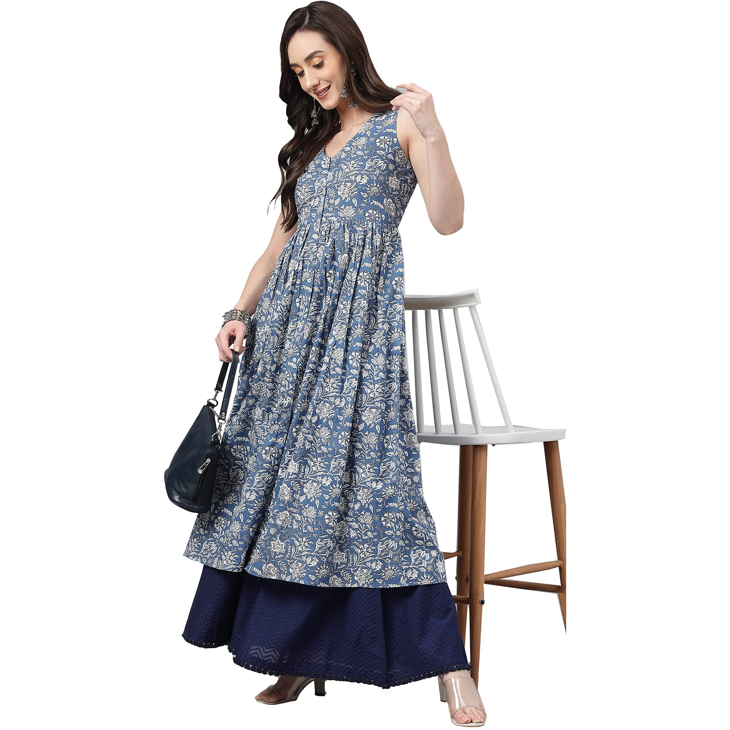 Janasya Women's Blue Cotton Floral Print Flared Kurta(JNE4031-KR-XS)