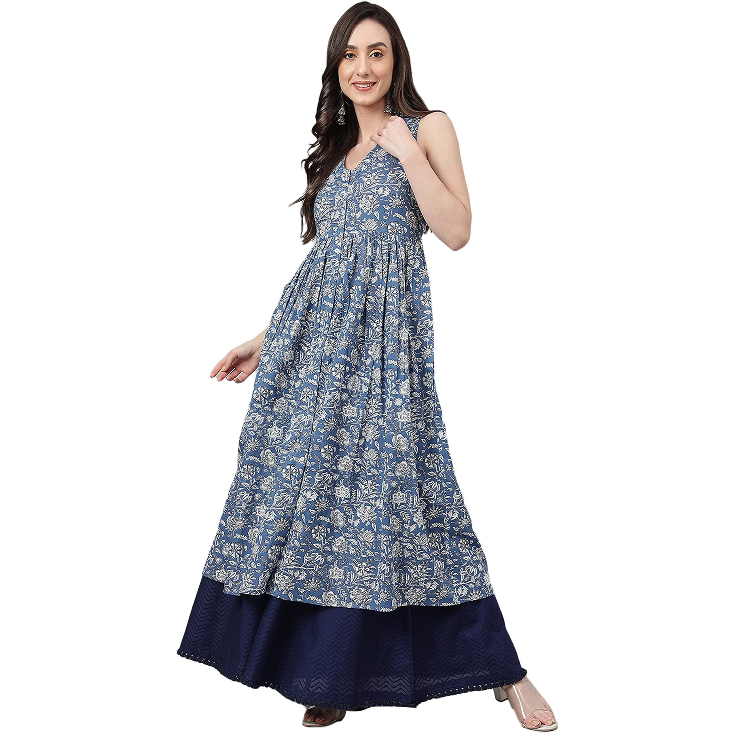 Janasya Women's Blue Cotton Floral Print Flared Kurta(JNE4031-KR-XS)