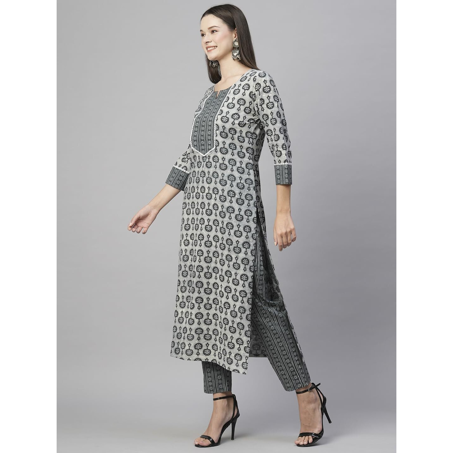 ANNI DESIGNER Women's Cotton Blend Straight Printed Kurta with Pant (Sachi Grey-NW_S_Grey_Small)