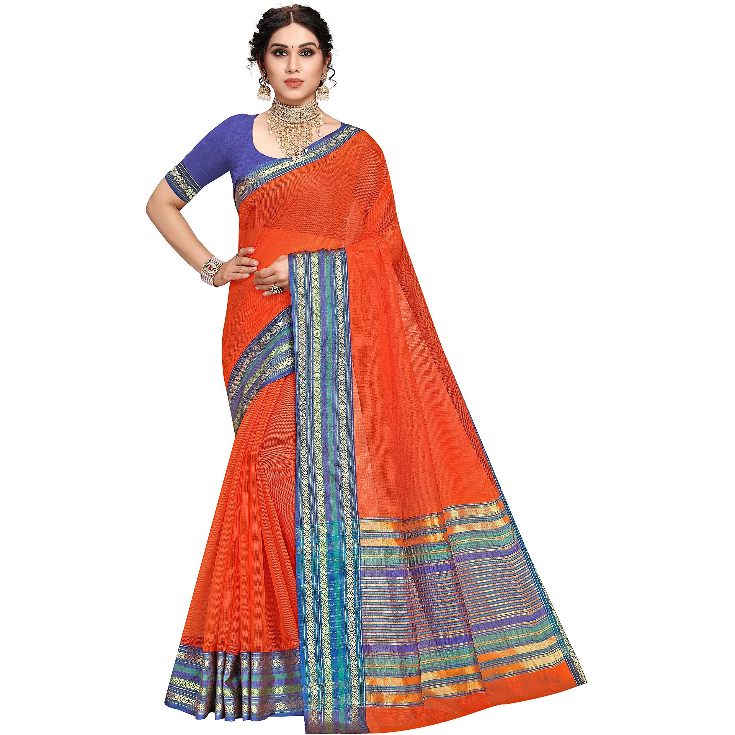 StyleScope Women's Kota Doria Cotton Zari Weaving Temple Bordered Plain Saree With Cotton Blend Unstitched Blouse Piece (Fanta Orange,Blue)