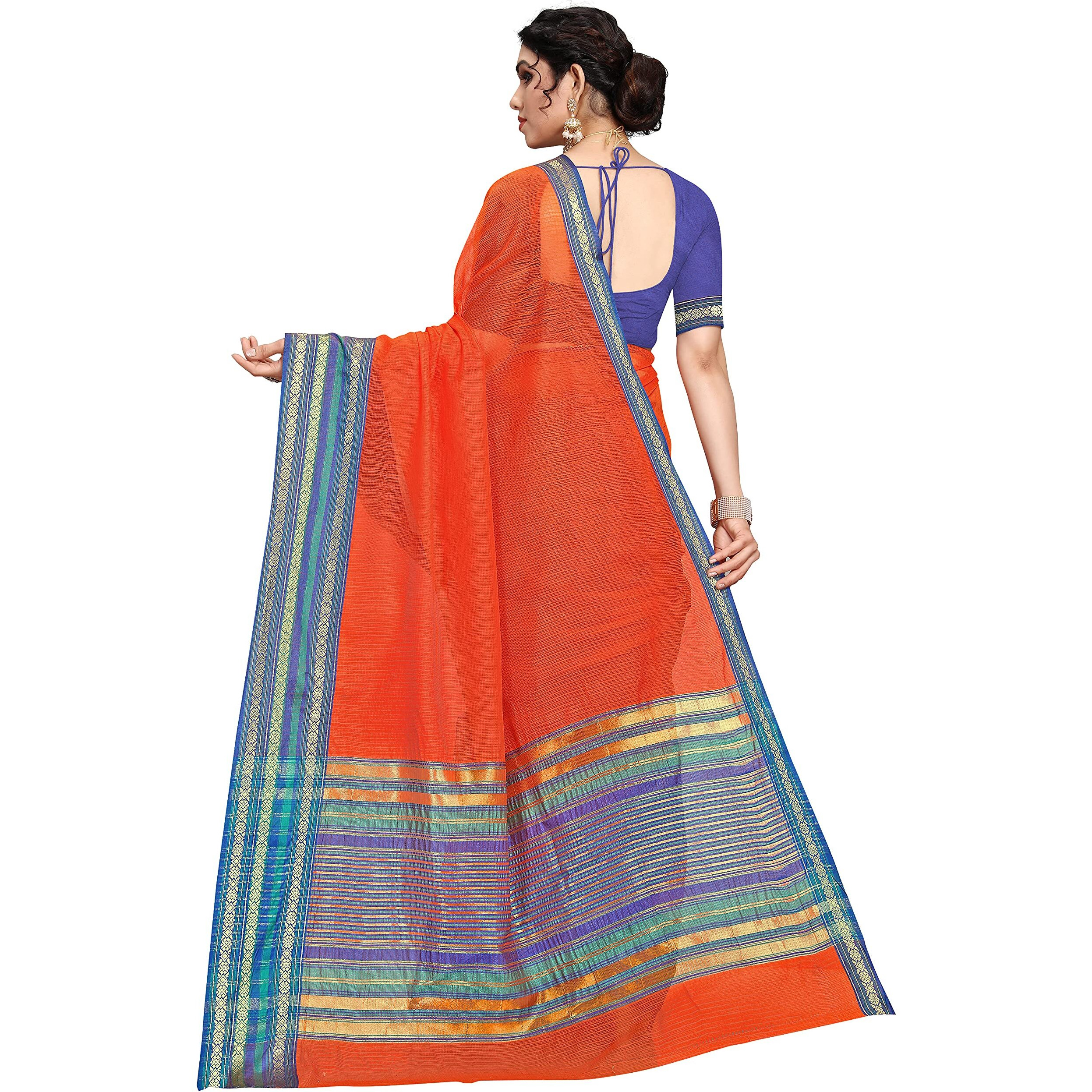 StyleScope Women's Kota Doria Cotton Zari Weaving Temple Bordered Plain Saree With Cotton Blend Unstitched Blouse Piece (Fanta Orange,Blue)
