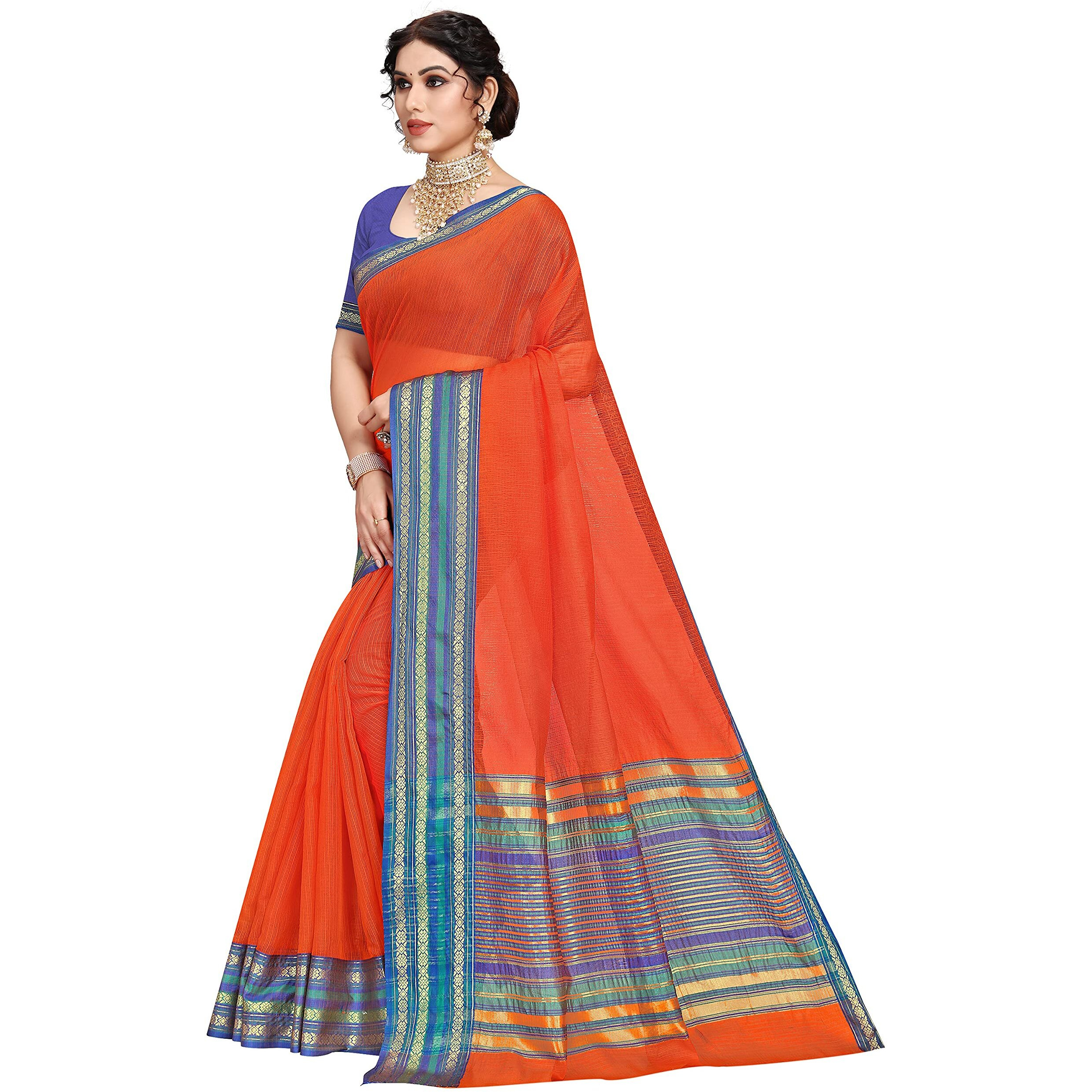 StyleScope Women's Kota Doria Cotton Zari Weaving Temple Bordered Plain Saree With Cotton Blend Unstitched Blouse Piece (Fanta Orange,Blue)