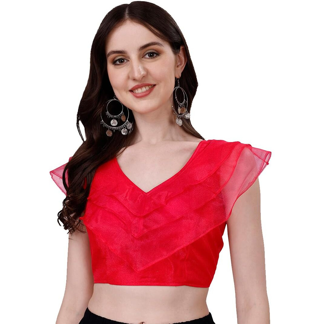 Pujia Mills Women's V Neck Orgenza Three Layer Ruffle Sleeve Frill Readymade Saree Blouse