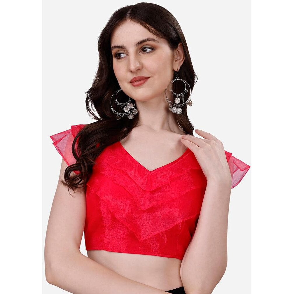 Pujia Mills Women's V Neck Orgenza Three Layer Ruffle Sleeve Frill Readymade Saree Blouse