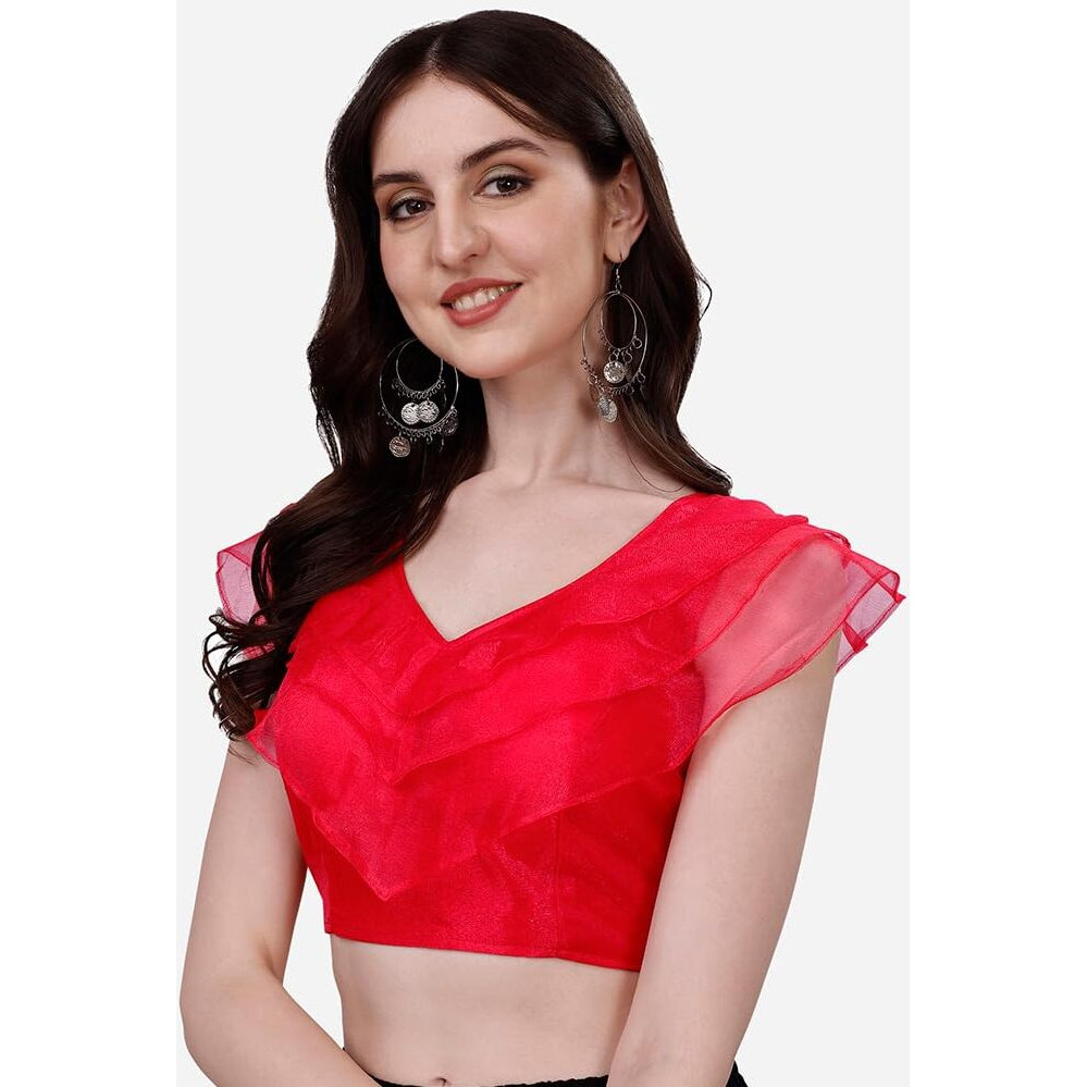 Pujia Mills Women's V Neck Orgenza Three Layer Ruffle Sleeve Frill Readymade Saree Blouse