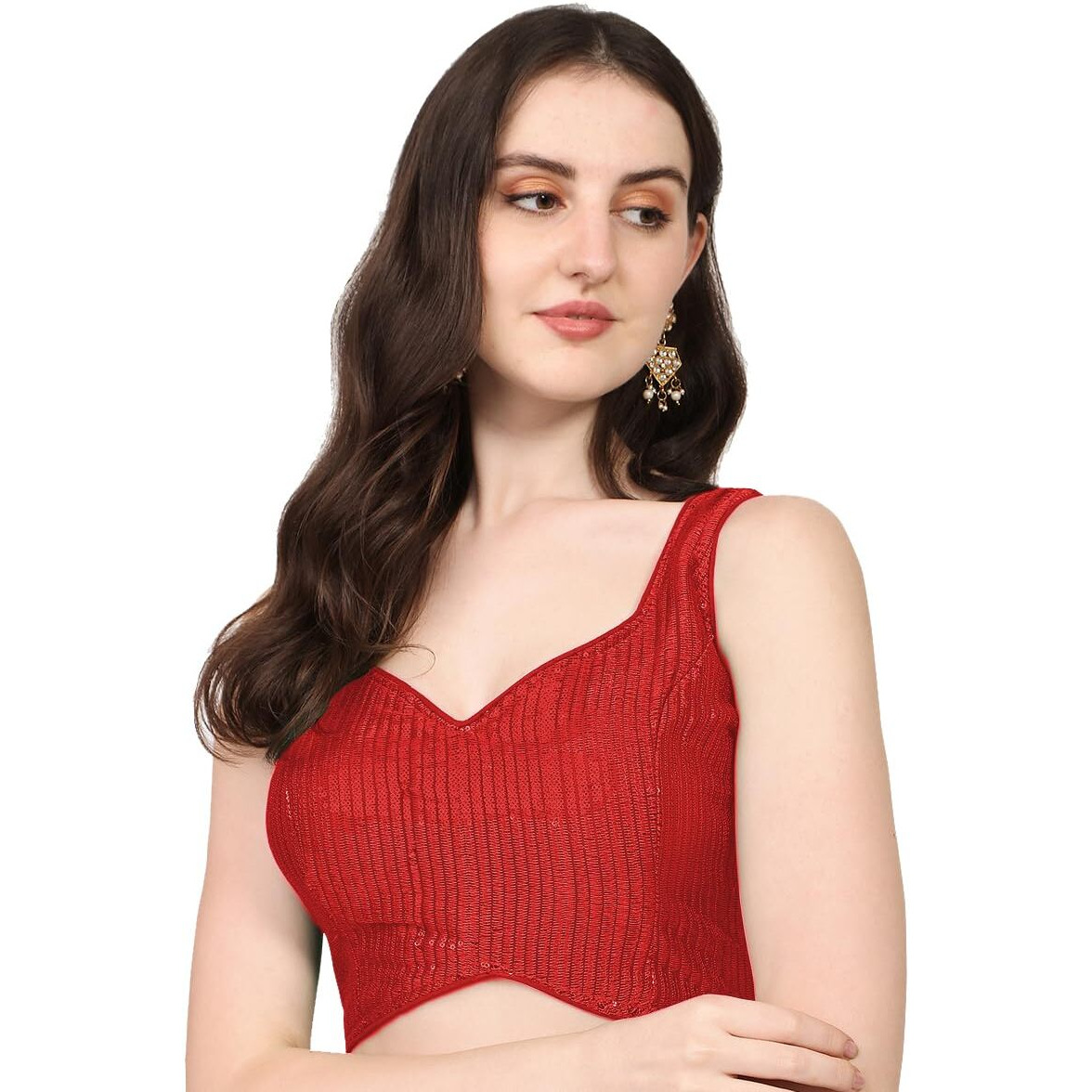 Pujia Mills Women's Multicolor Sweetheart Neck Georgette Line Soft Embroidery Sequence Zari Work Sleeves Readymade Saree Blouse (34, Red)