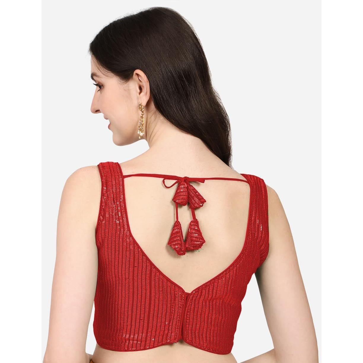 Pujia Mills Women's Multicolor Sweetheart Neck Georgette Line Soft Embroidery Sequence Zari Work Sleeves Readymade Saree Blouse (34, Red)