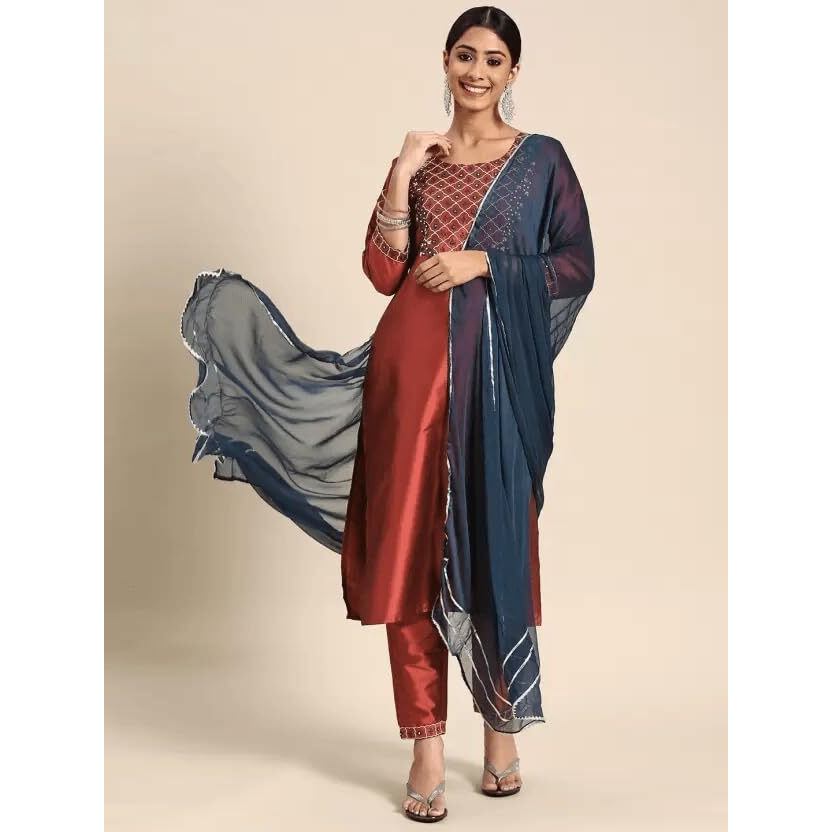 Yashika Women's Art Silk Brown Color Kurta and Pant Set with Dupatta (YS-KS2047-L) (YS-KS2037-KS2050-P