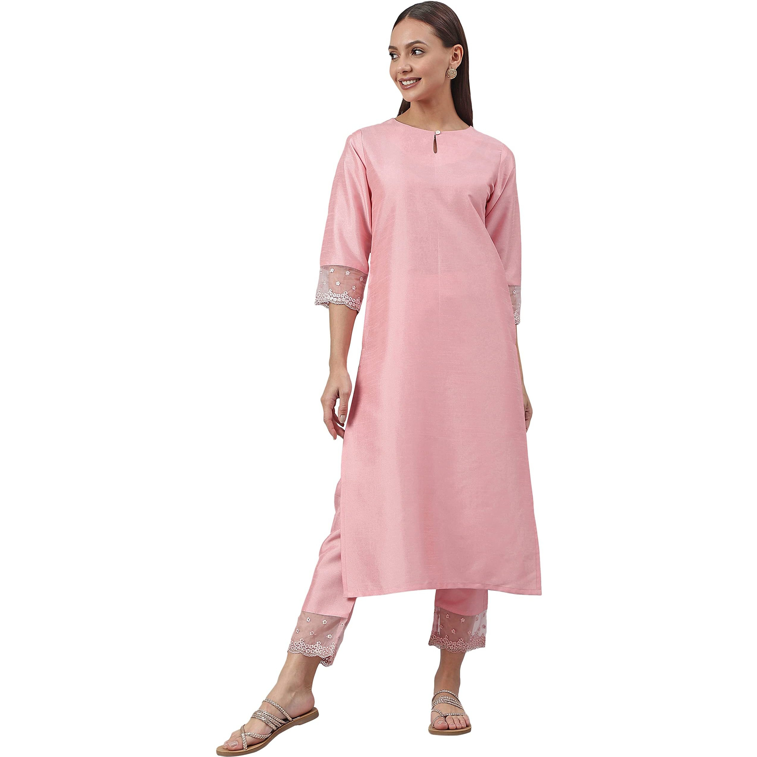 Janasya Women's Pink Poly Silk Solid Kurta with Pant(SET357-KR-NP-XXXL)