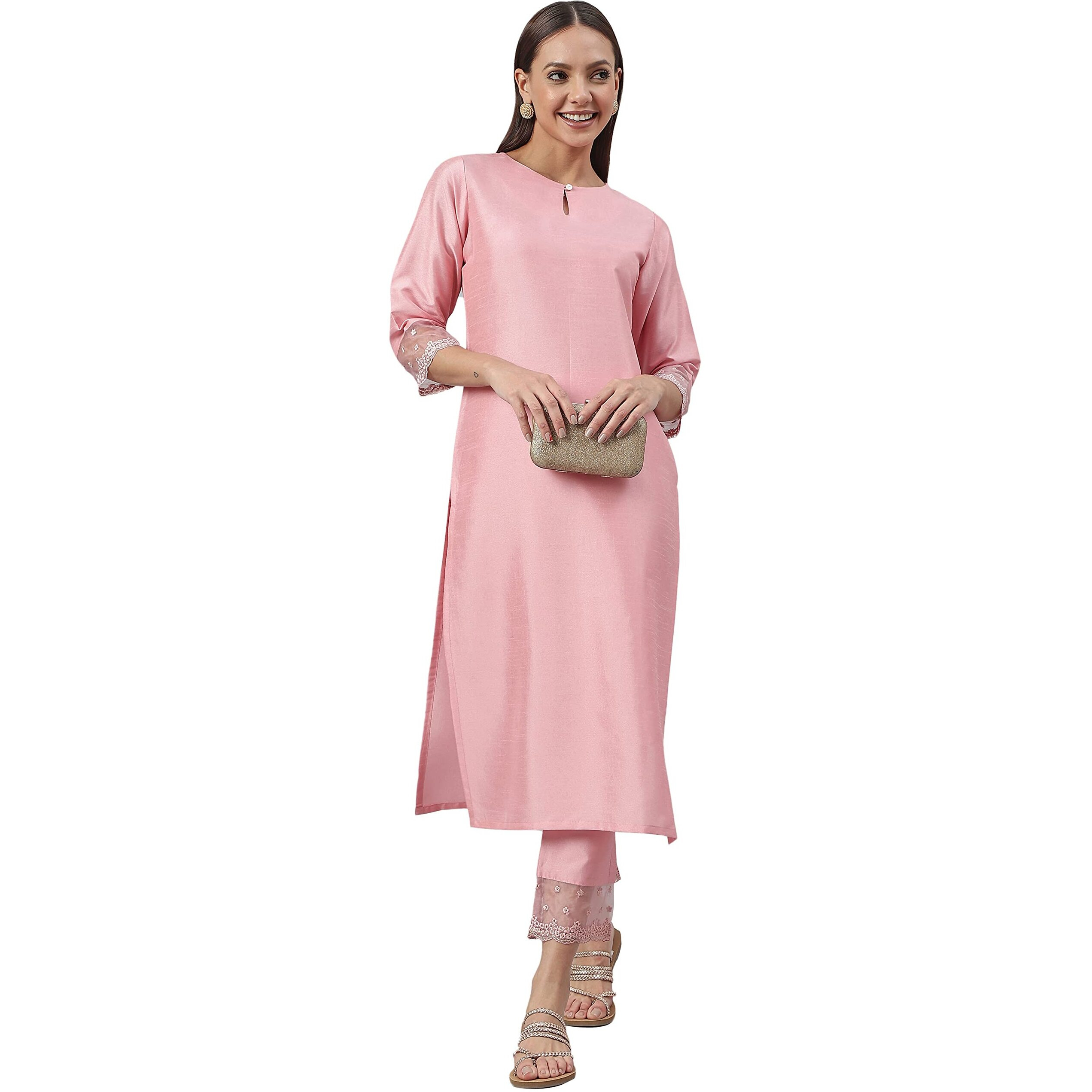 Janasya Women's Pink Poly Silk Solid Kurta with Pant(SET357-KR-NP-XXXL)