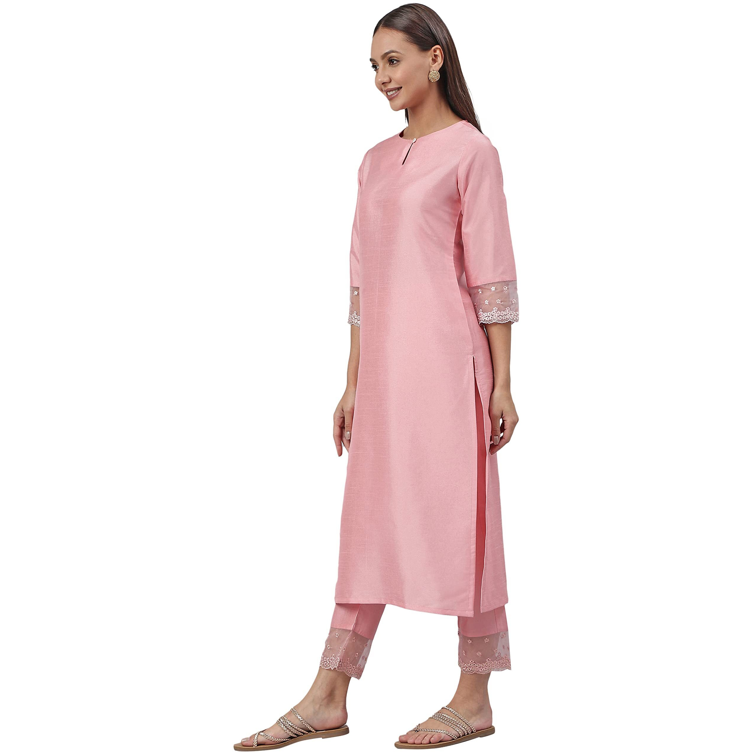 Janasya Women's Pink Poly Silk Solid Kurta with Pant(SET357-KR-NP-XXXL)