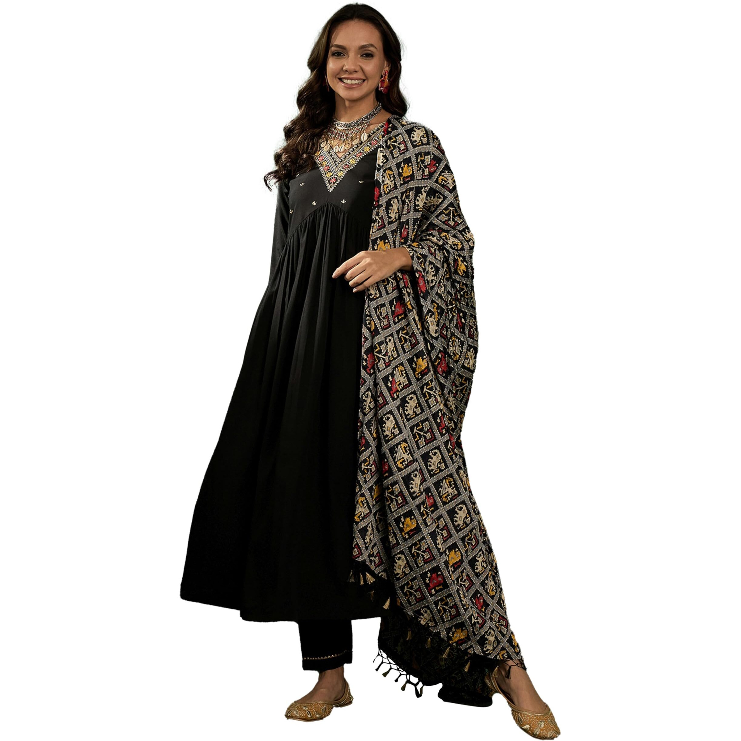 SheWill Black American Crepe Zari Sequence Embroidered Kurta with Pant and Dupatta (SHEKS10005_BNW_B)