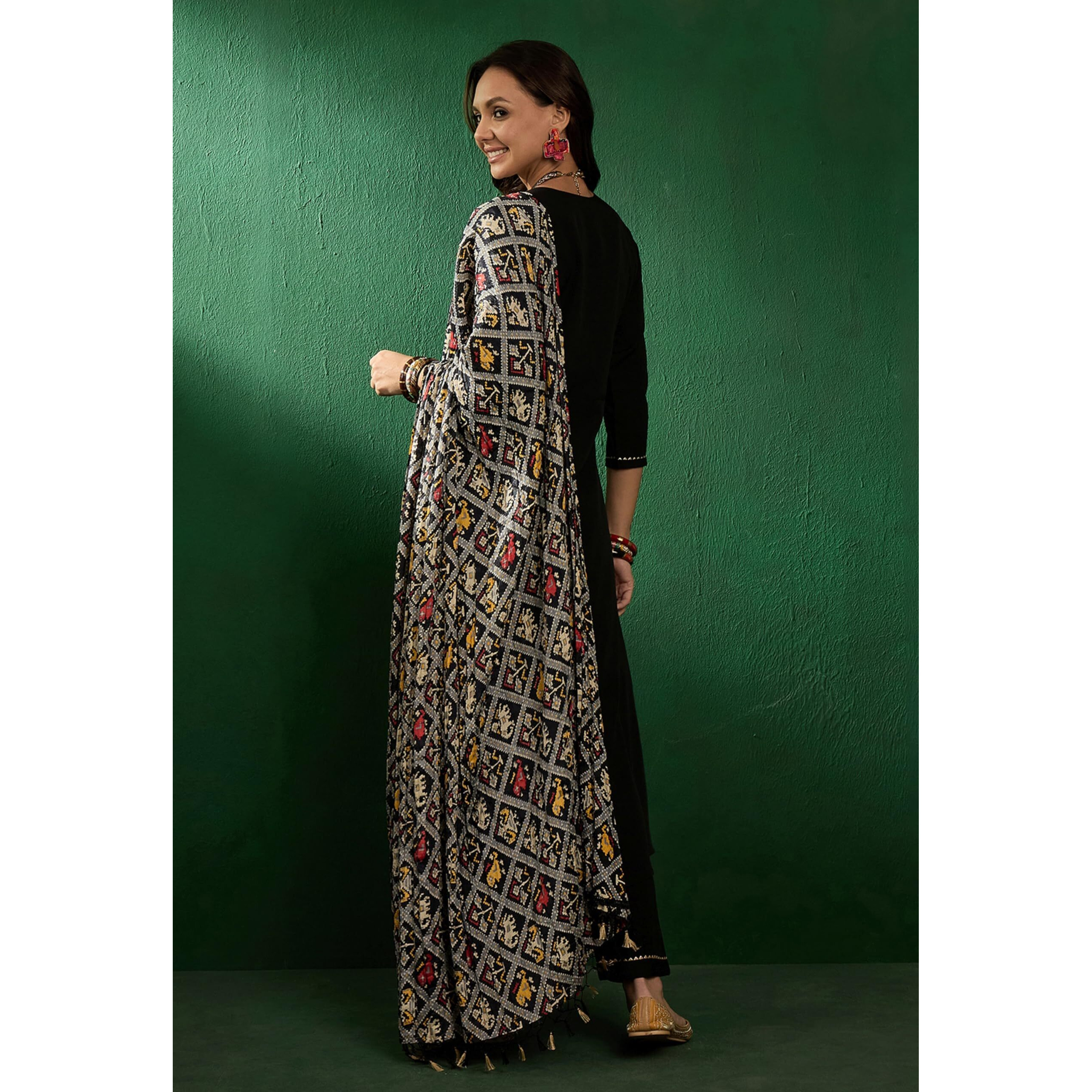 SheWill Black American Crepe Zari Sequence Embroidered Kurta with Pant and Dupatta (SHEKS10005_BNW_B)