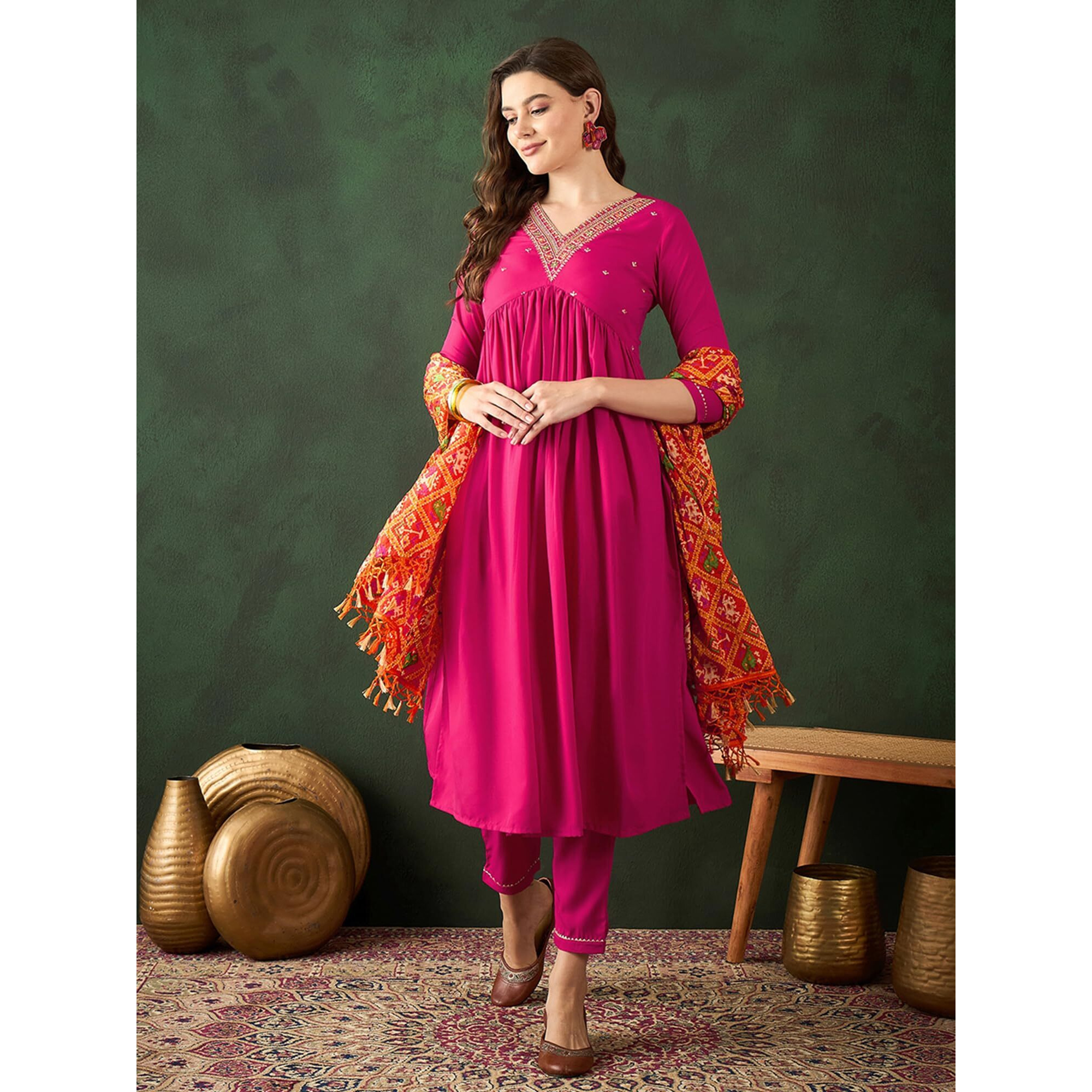 SheWill Womens Pink Embroidered Straight Kurta Set with Trousers & Dupatta Diwali Kurta Set for Women Anarkali Kurta Set Cotton Kurta Set Pakistani Kurta Set Alia Cut Naira Cut Kurta Set