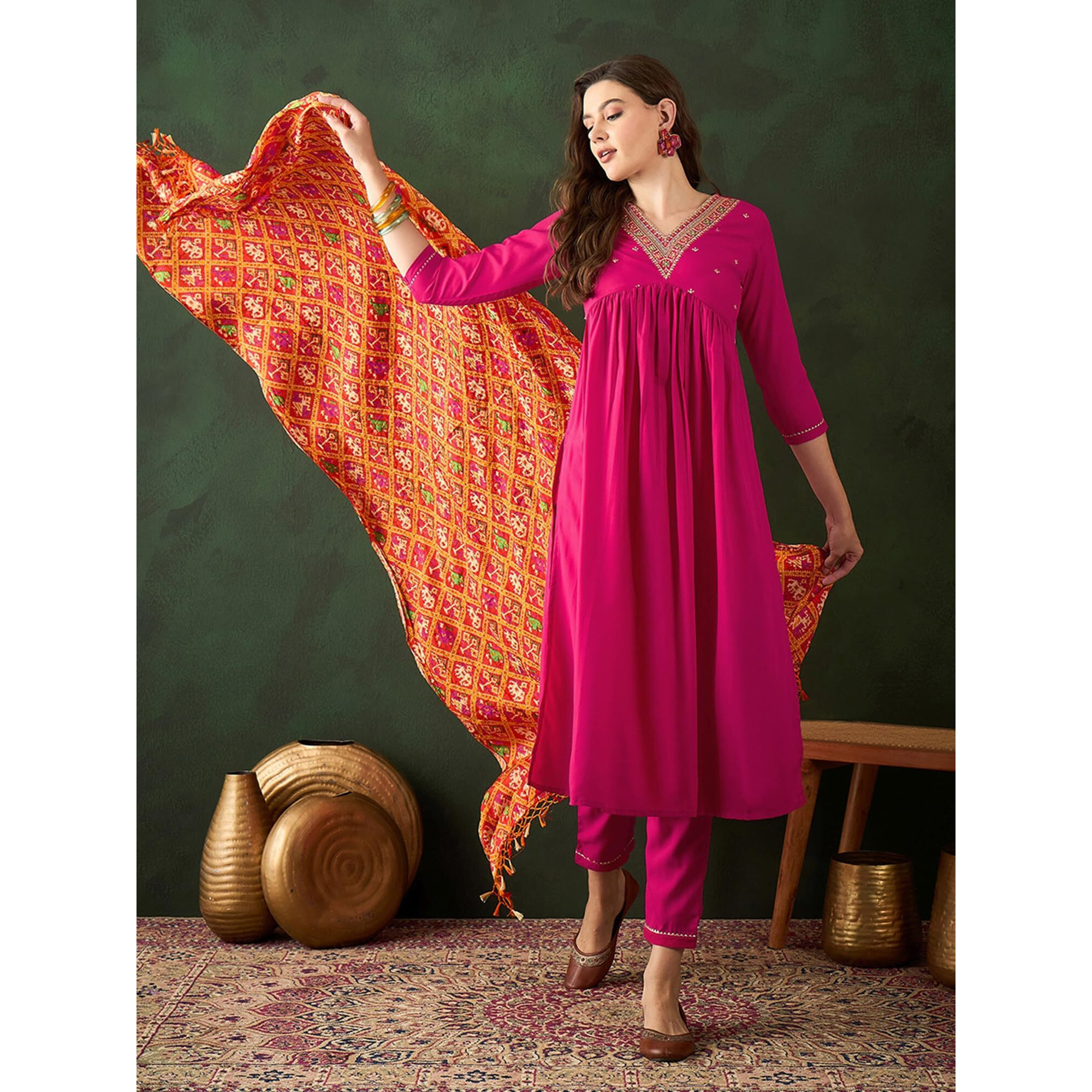 SheWill Womens Pink Embroidered Straight Kurta Set with Trousers & Dupatta Diwali Kurta Set for Women Anarkali Kurta Set Cotton Kurta Set Pakistani Kurta Set Alia Cut Naira Cut Kurta Set