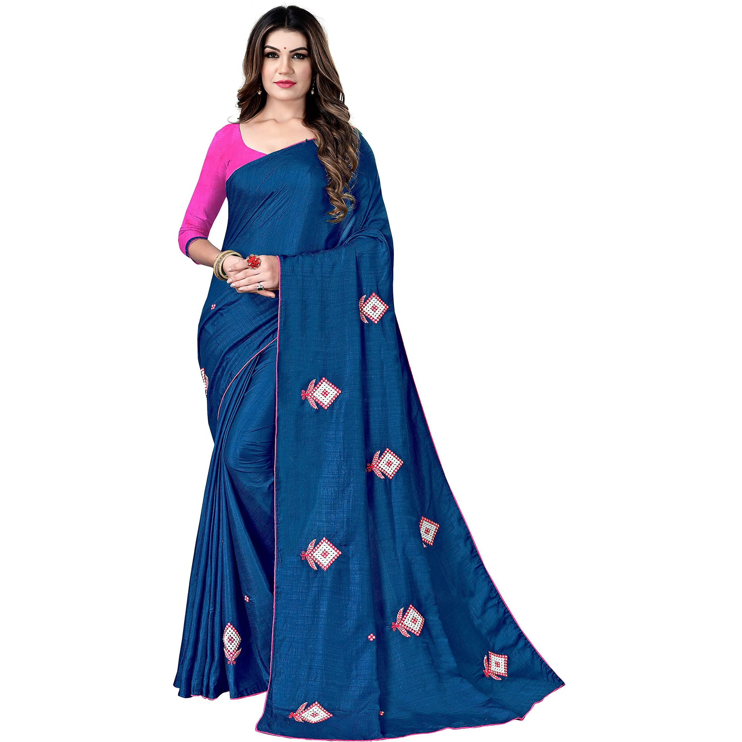 StyleScope Women's Dola Silk Embroidered Work Saree With Banglori/Art Silk Unstitched Blouse Piece.(Navy Blue,Pink)