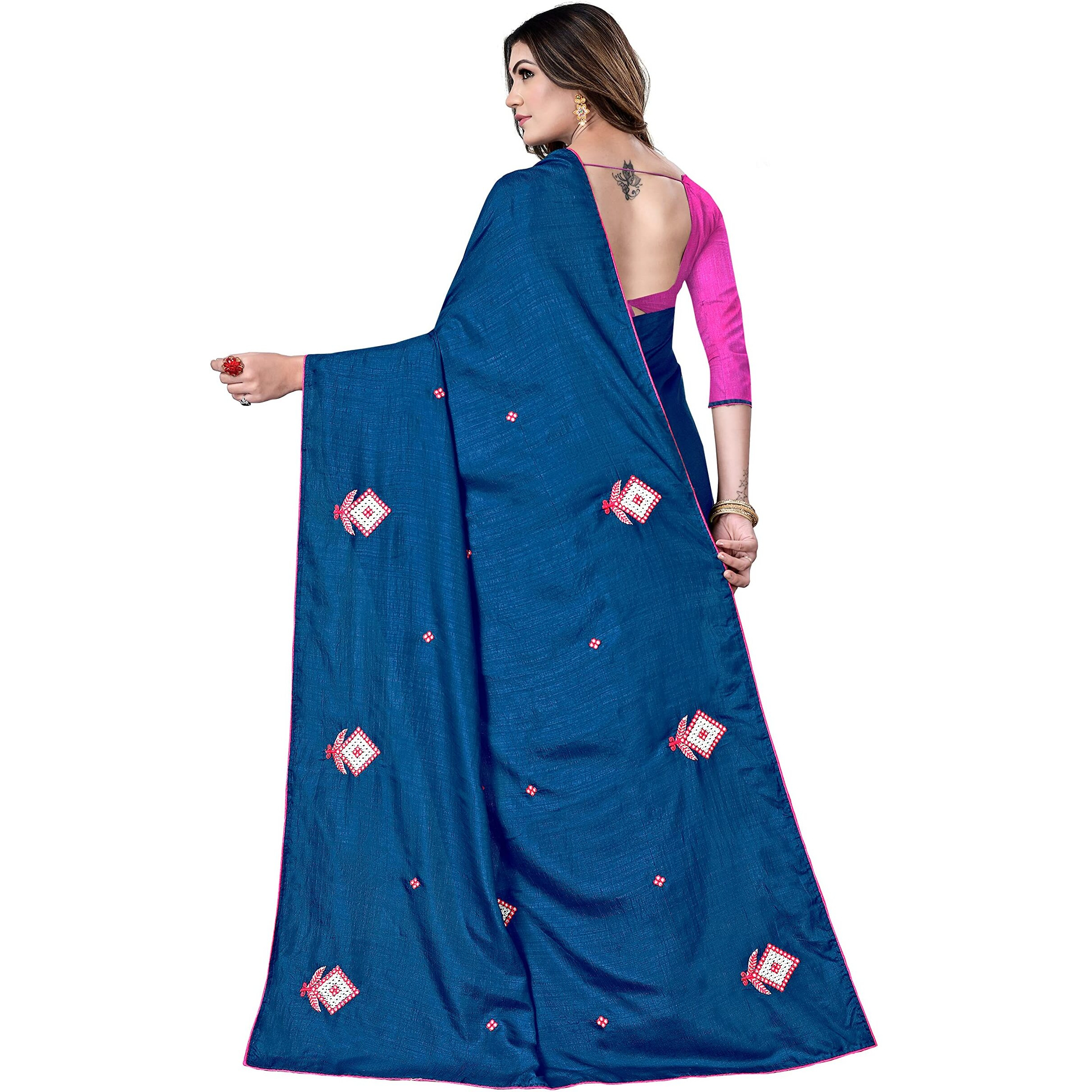 StyleScope Women's Dola Silk Embroidered Work Saree With Banglori/Art Silk Unstitched Blouse Piece.(Navy Blue,Pink)