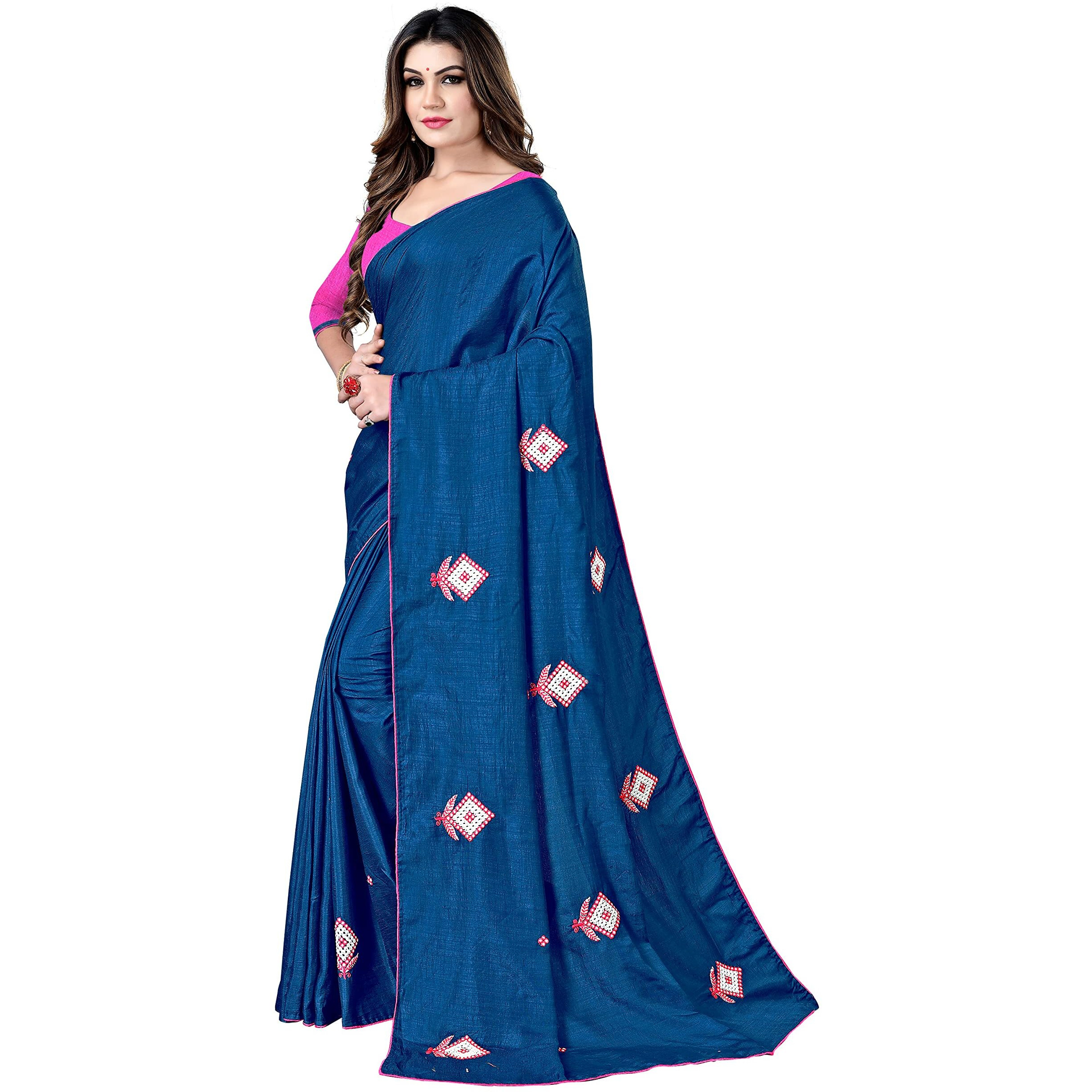 StyleScope Women's Dola Silk Embroidered Work Saree With Banglori/Art Silk Unstitched Blouse Piece.(Navy Blue,Pink)