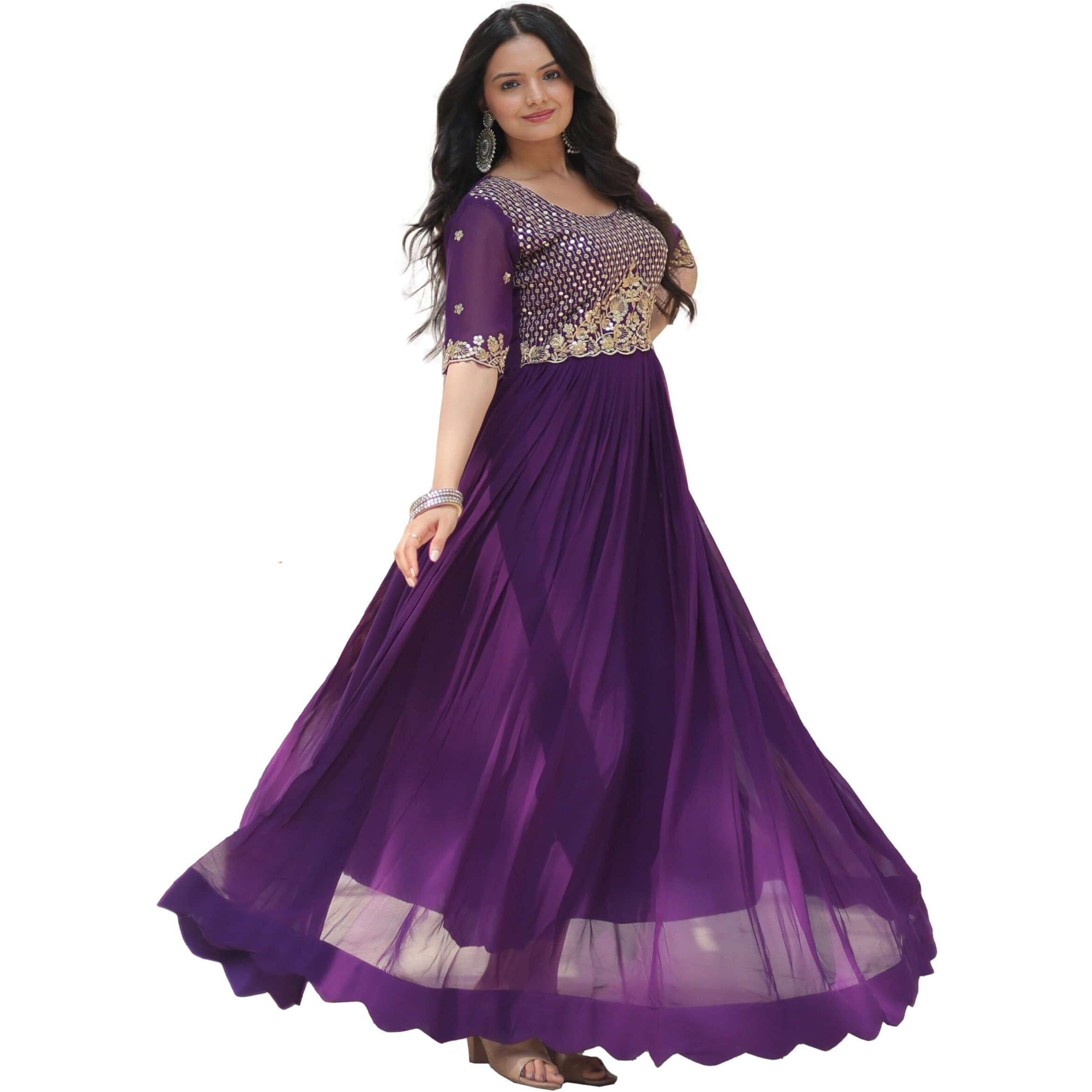 Fashion Basket Purple Georgette Anarkali Dress with Embroidery Work for Women (in, Alpha, 2XL, Regular, Purple)