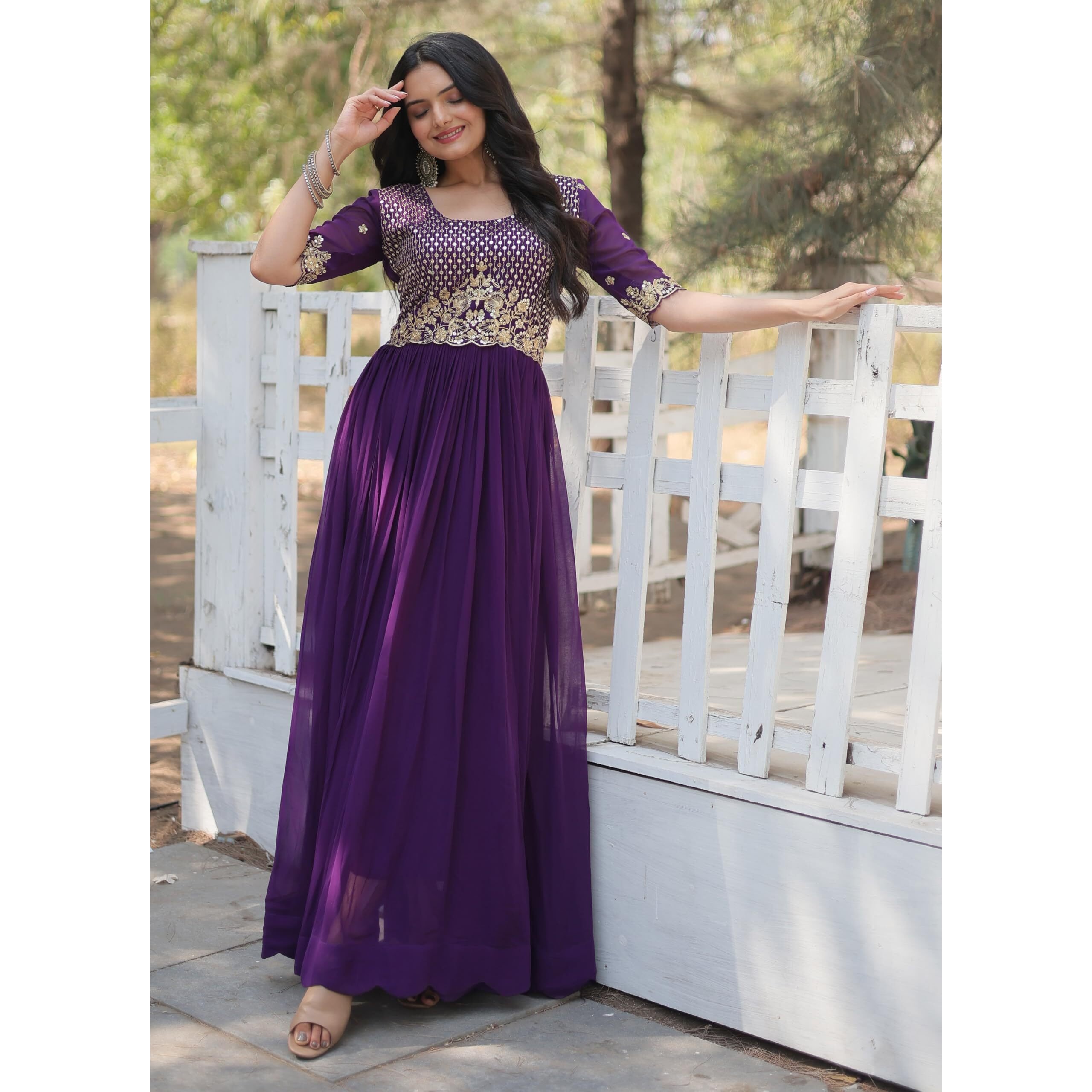 Fashion Basket Purple Georgette Anarkali Dress with Embroidery Work for Women (in, Alpha, 2XL, Regular, Purple)