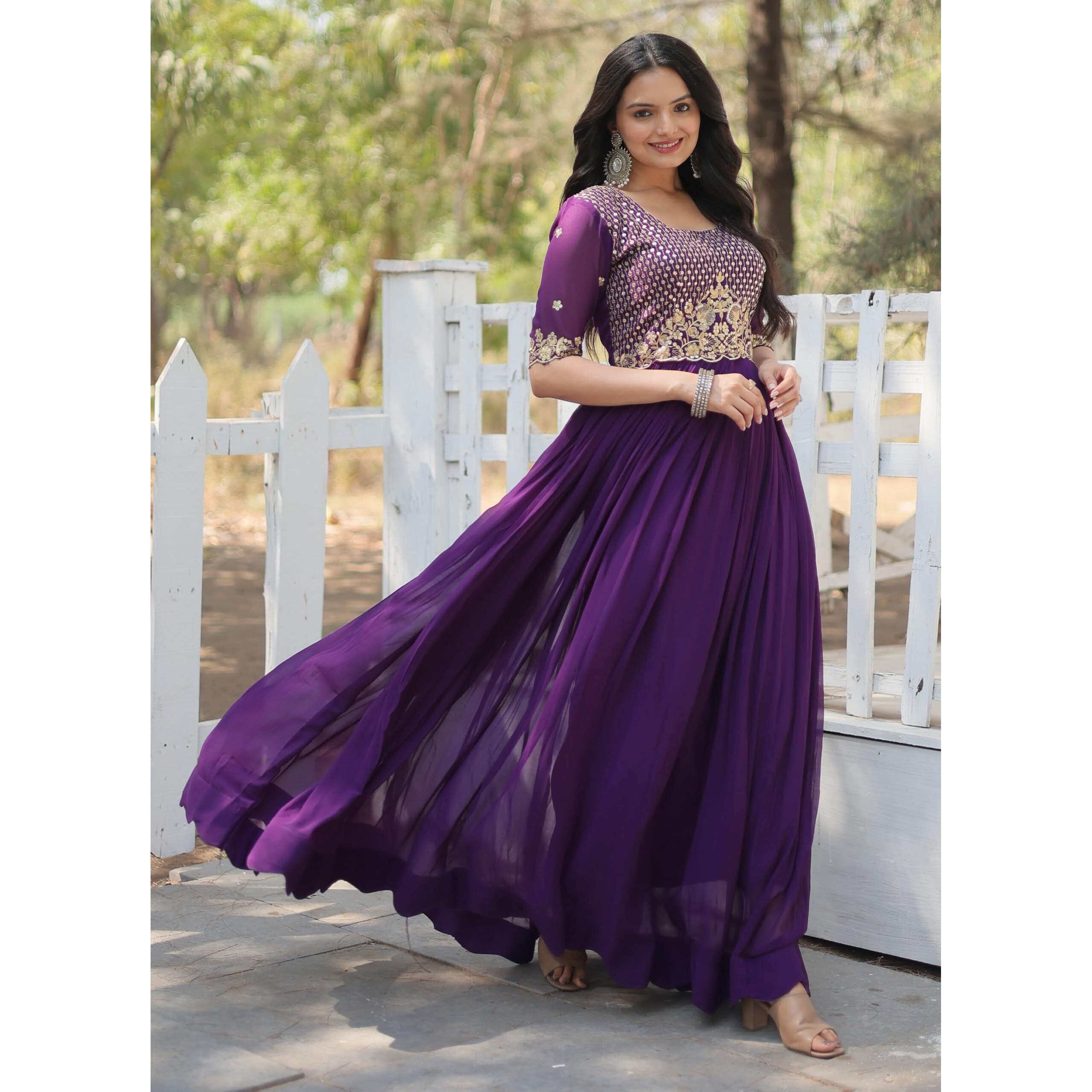 Fashion Basket Purple Georgette Anarkali Dress with Embroidery Work for Women (in, Alpha, 2XL, Regular, Purple)