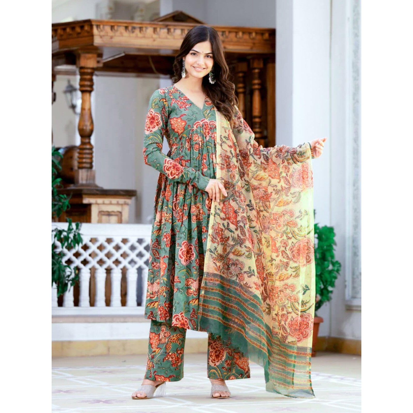 GRECIILOOKS Rayon with Dupatta Kurti Festive Set for Women | Regular Fit Kurta (GL-K2747&P169&D106_Green_2XL)