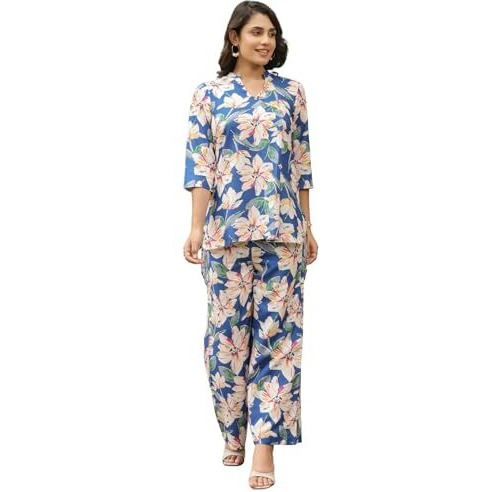 Leriya Fashion RAYON PRINTED A-LINE FRONT OPEN CO-ORD KURTA SET FOR WOMEN (LF-W2145&TR1112-2XL-BLUE)