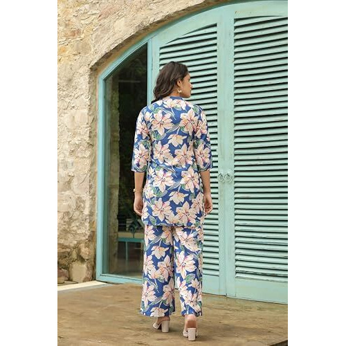 Leriya Fashion RAYON PRINTED A-LINE FRONT OPEN CO-ORD KURTA SET FOR WOMEN (LF-W2145&TR1112-2XL-BLUE)