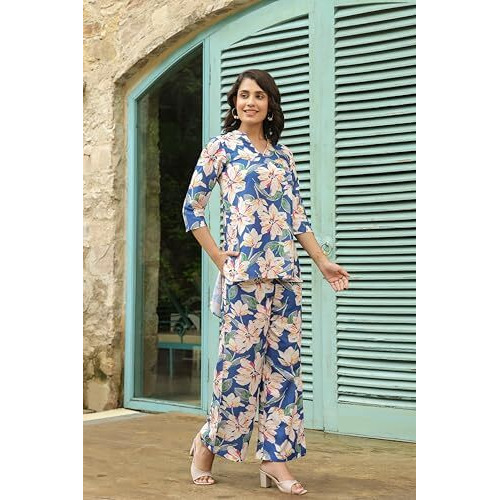 Leriya Fashion RAYON PRINTED A-LINE FRONT OPEN CO-ORD KURTA SET FOR WOMEN (LF-W2145&TR1112-2XL-BLUE)