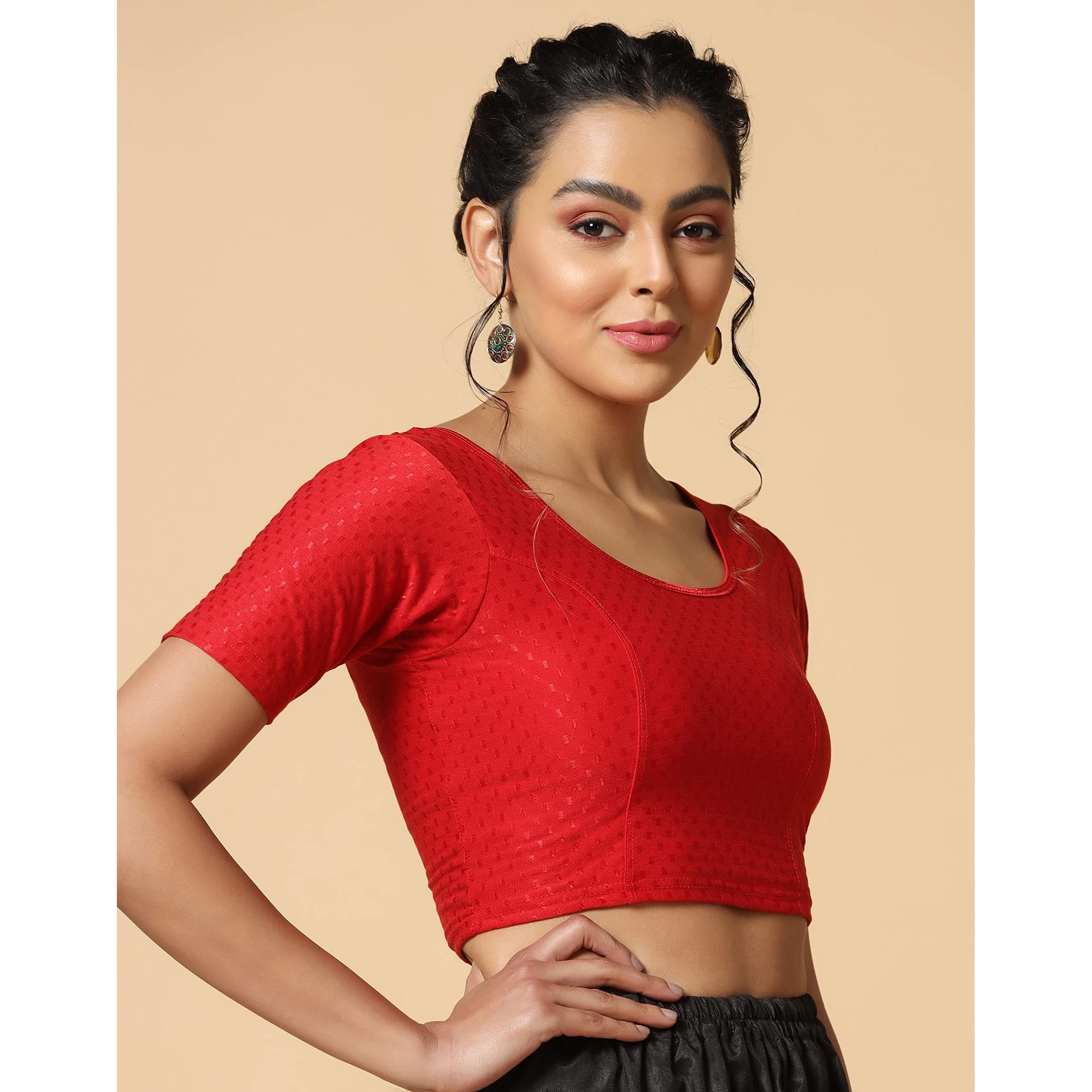 TOPLOT Cotton Blend Lycra Stretchable Round Neck Blouses for Women Readymade (Blouse-5058-Red-32)