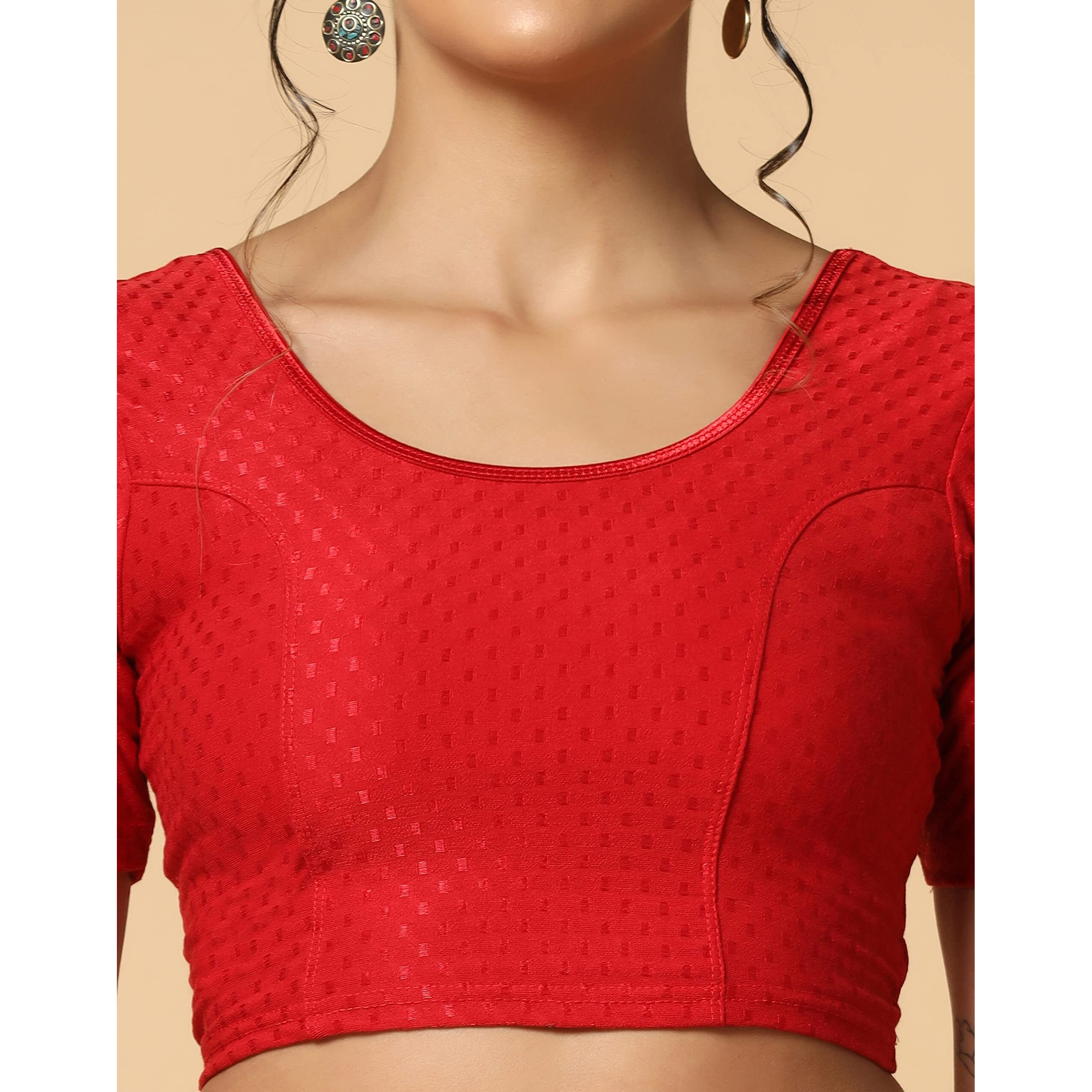 TOPLOT Cotton Blend Lycra Stretchable Round Neck Blouses for Women Readymade (Blouse-5058-Red-32)