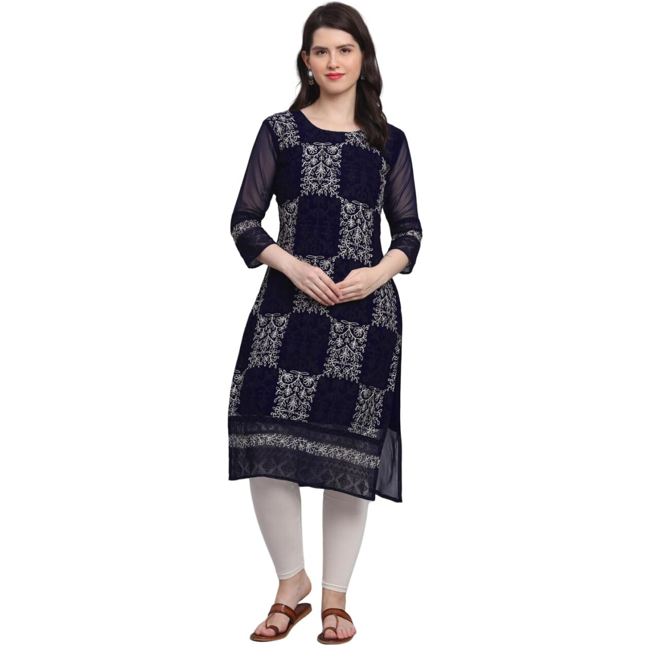 VAIRAGEE Women's Georgette Straight Cut Round Neck Kurta with Beautiful Lucknowi Chickenkari Work (1605) Navy Blue