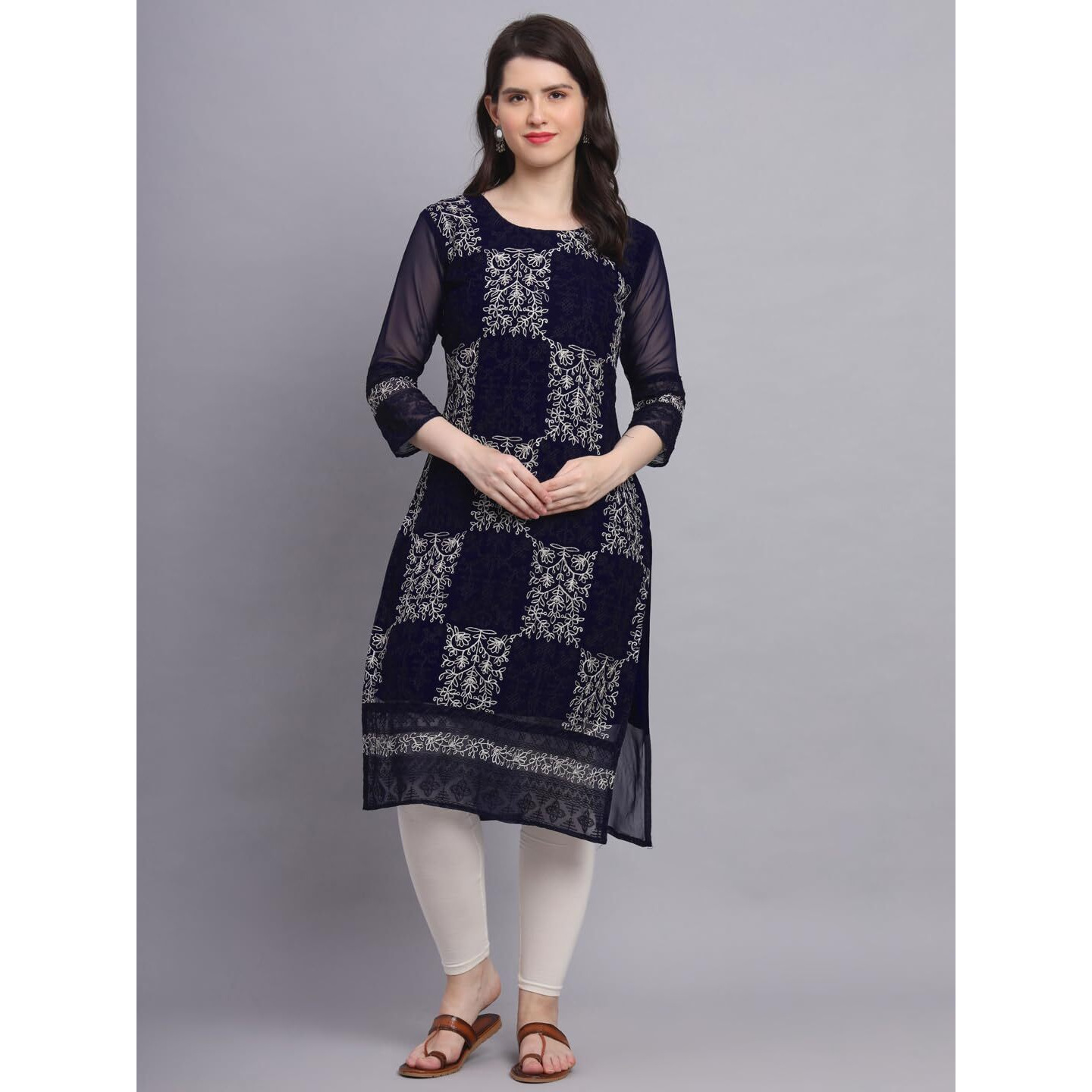 VAIRAGEE Women's Georgette Straight Cut Round Neck Kurta with Beautiful Lucknowi Chickenkari Work (1605) Navy Blue