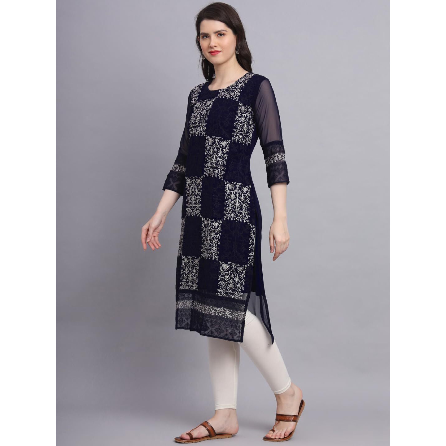 VAIRAGEE Women's Georgette Straight Cut Round Neck Kurta with Beautiful Lucknowi Chickenkari Work (1605) Navy Blue